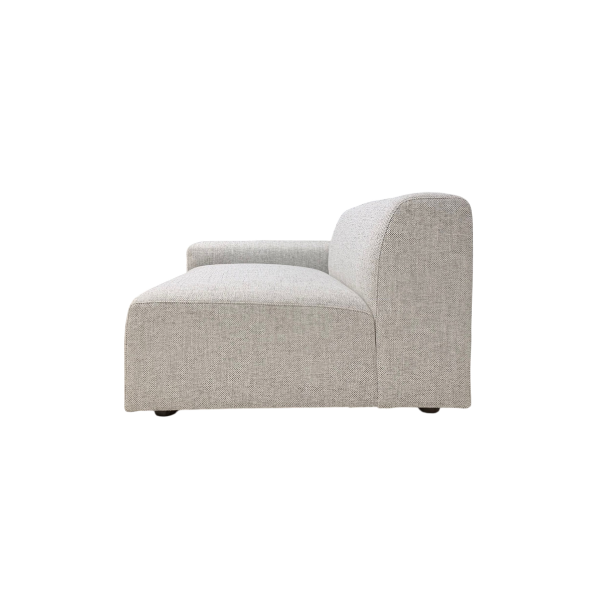 Vetro Bullnose LAF Chair in light woven grey upholstery, side view showing the low wide seat, rounded back, and left-side arm.