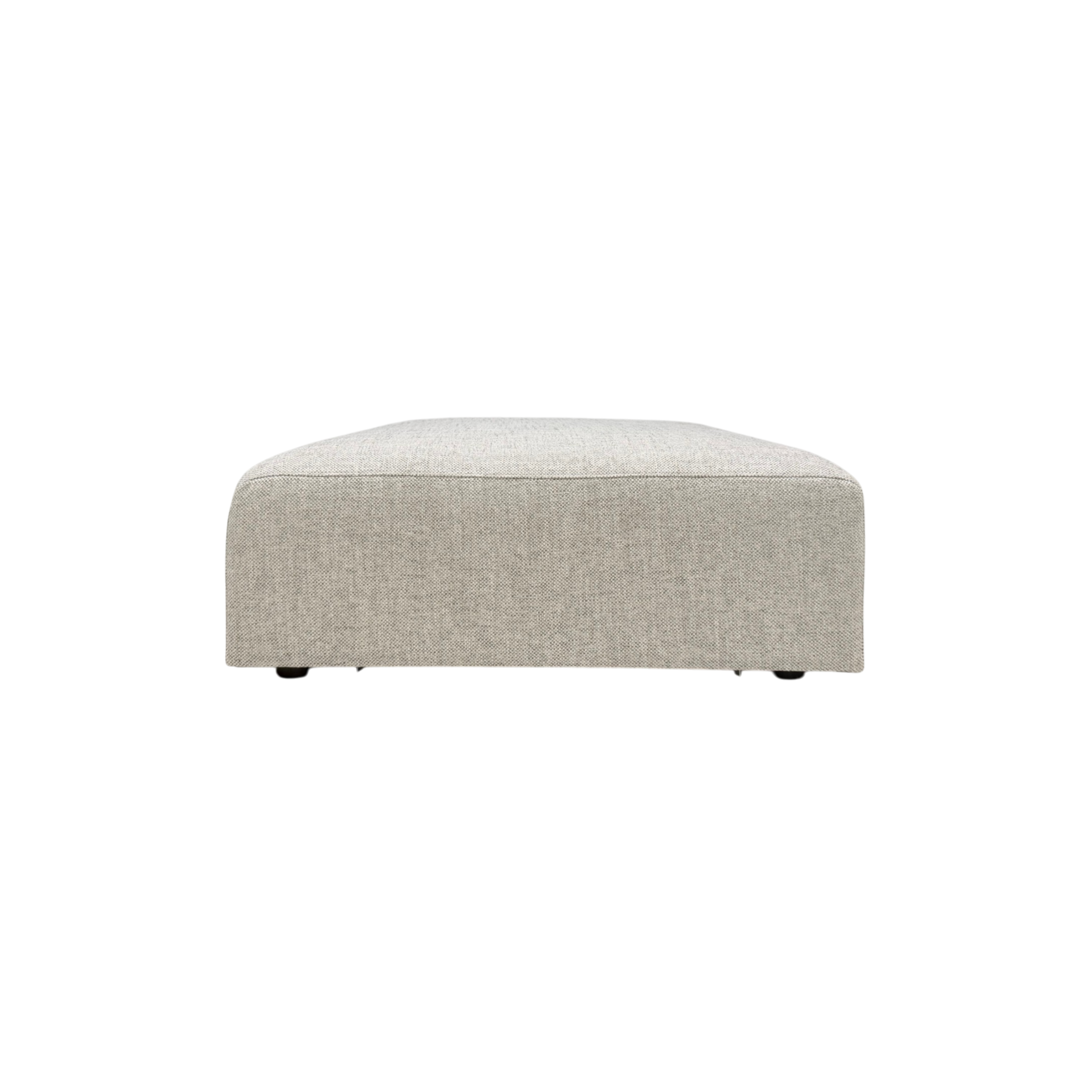 Vetro Bullnose Ottoman in light woven grey upholstery, front view highlighting the broad cushioned top and rounded bullnose profile.