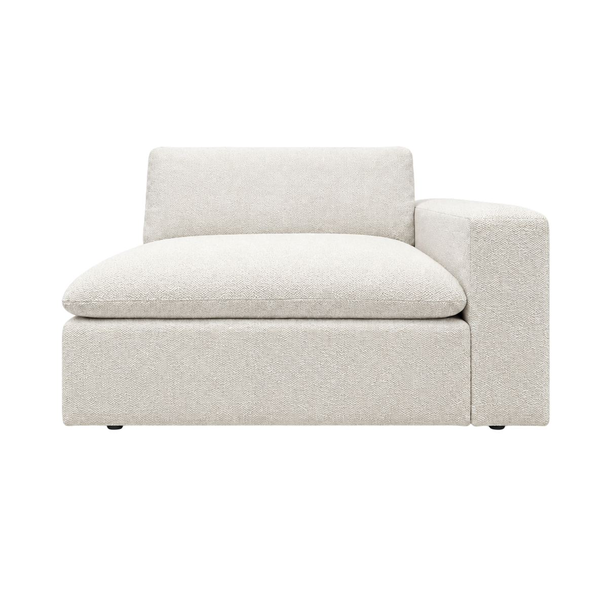 Tempo Modular RAF Chair shown from the front in heathered greige textured upholstery, with a wide right arm, an oversized pillowy seat cushion, a loose back cushion and small dark feet.