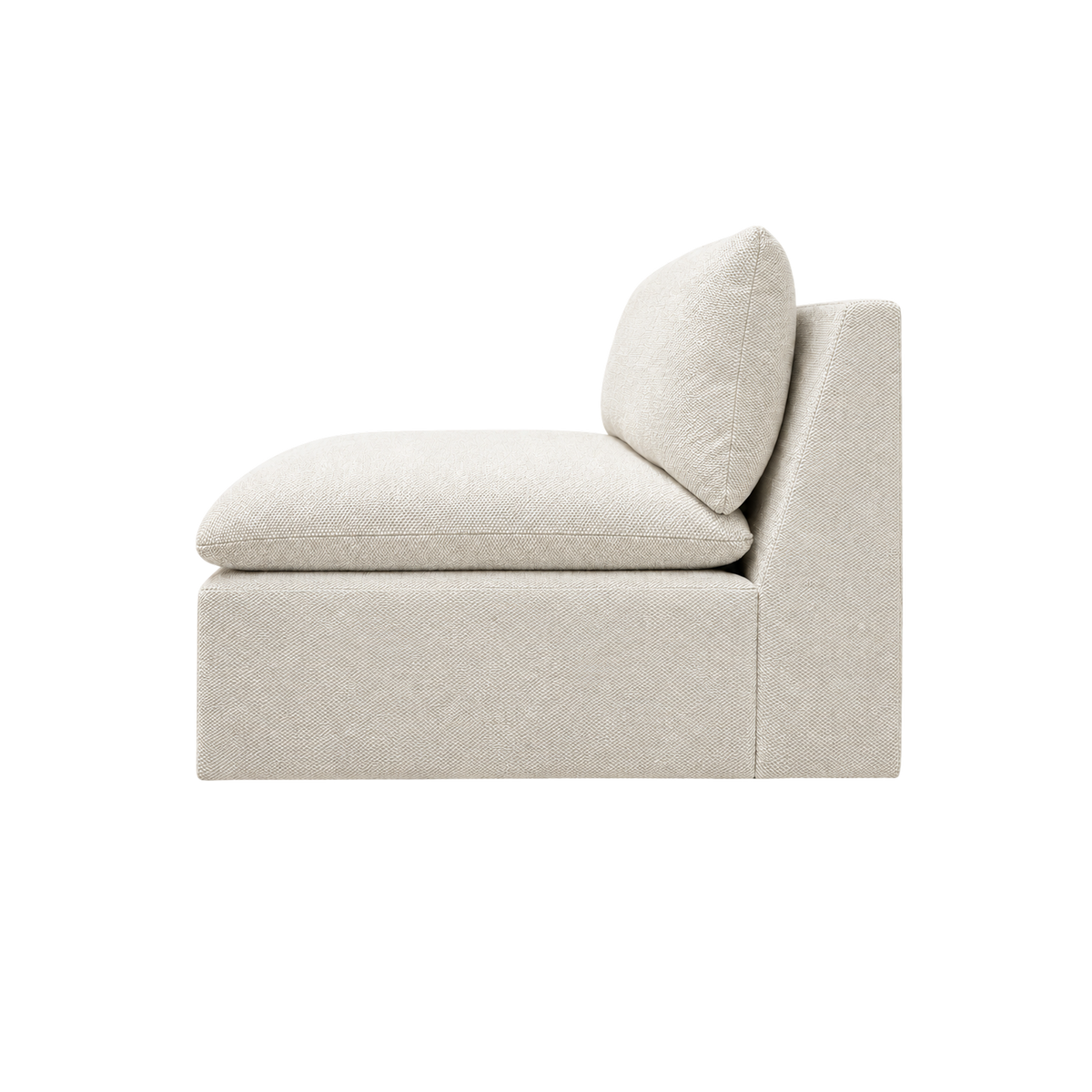 Tempo Modular Armless Chair in heathered greige textured upholstery, side view showing the deep, plump seat, leaning back cushion and sloped back panel.