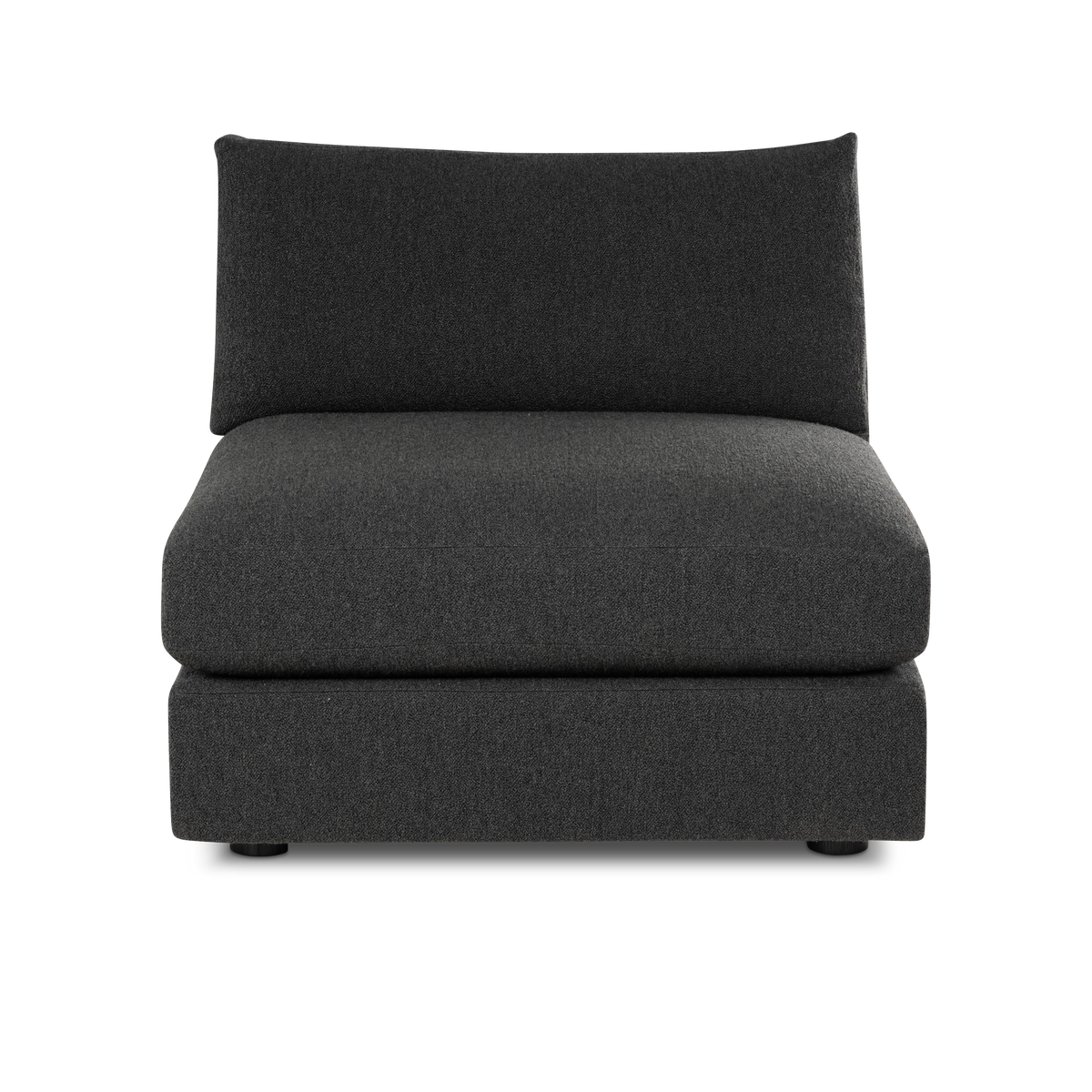 Colonna Modular Armless Chair shown from the front in charcoal bouclé, with the plush seat cushion, the wide loose back cushion, and the low round feet visible beneath the base.