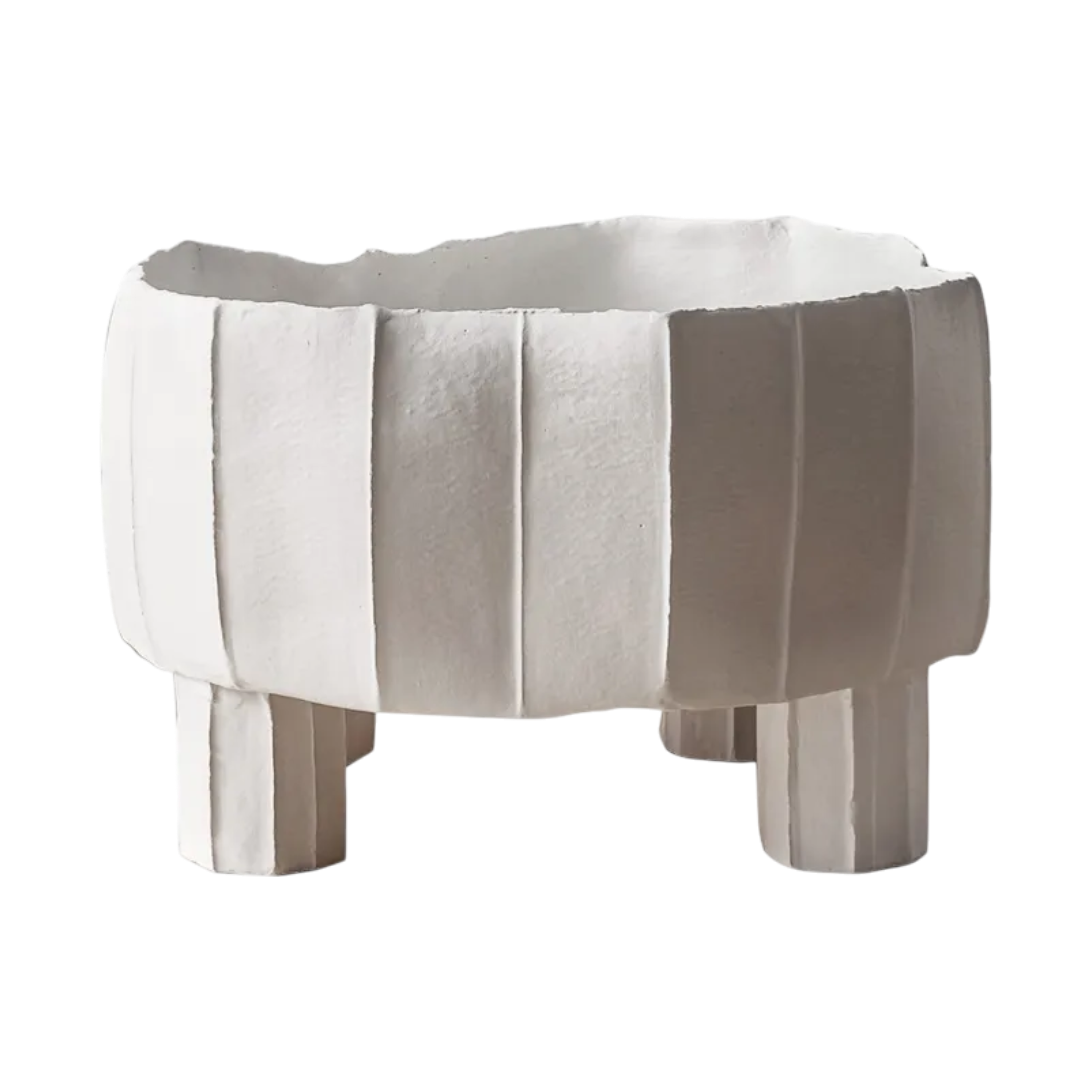 Tripode Bowl in soft white paper clay with sculptural paneled sides, an irregular rim and three rounded pedestal feet.