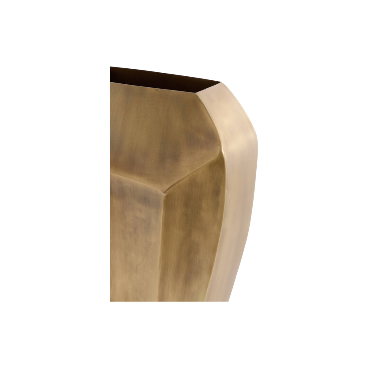 Close-up showing the rim of the Cordoba Vase in antiqued brass, with a crisp folded edge, a deep bronze-toned interior, and mottled brushed patina on the faceted surface.