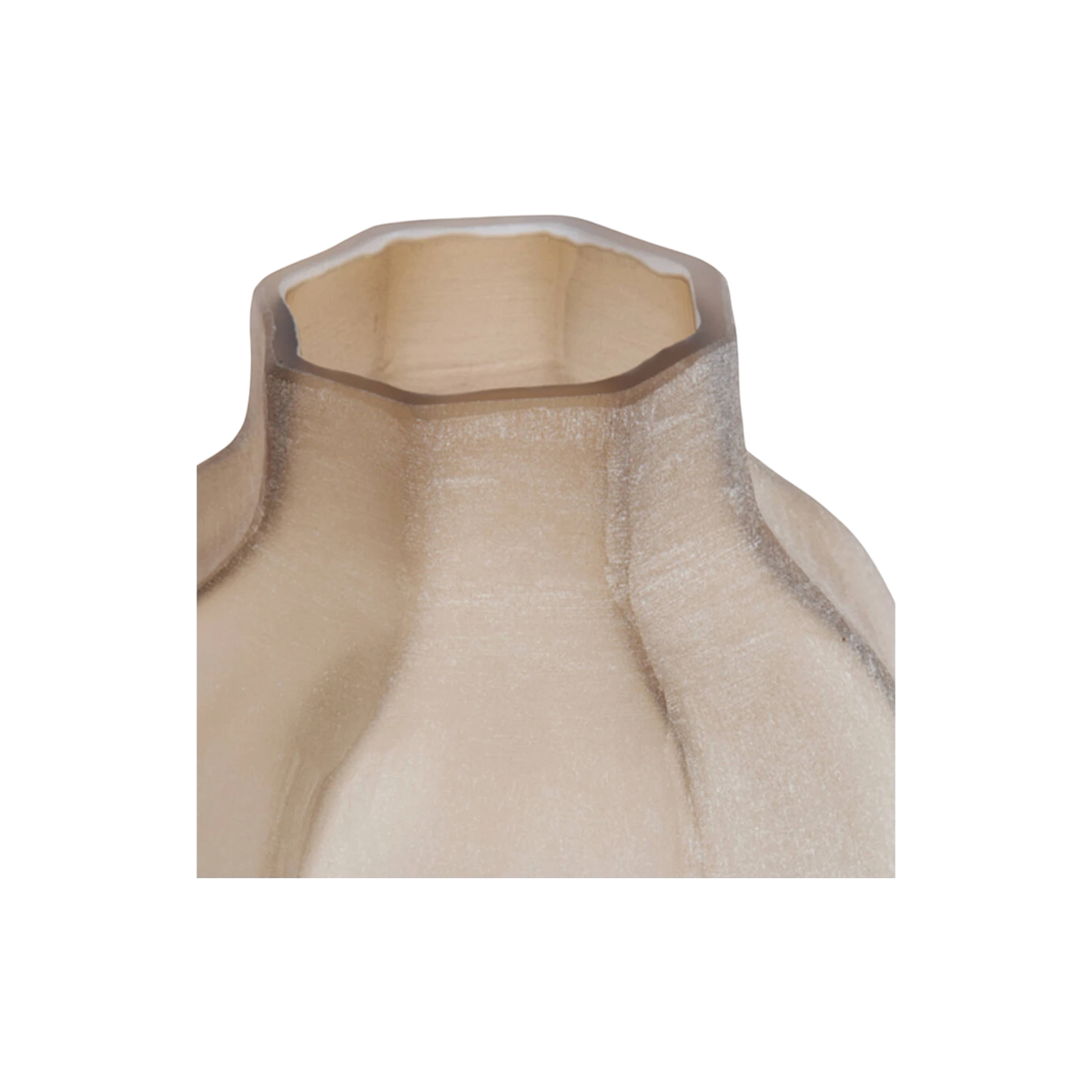 Close-up showing the scalloped foot of the frosted taupe glass vase, with a powdery matte finish and darker taupe seams rising between the ribs