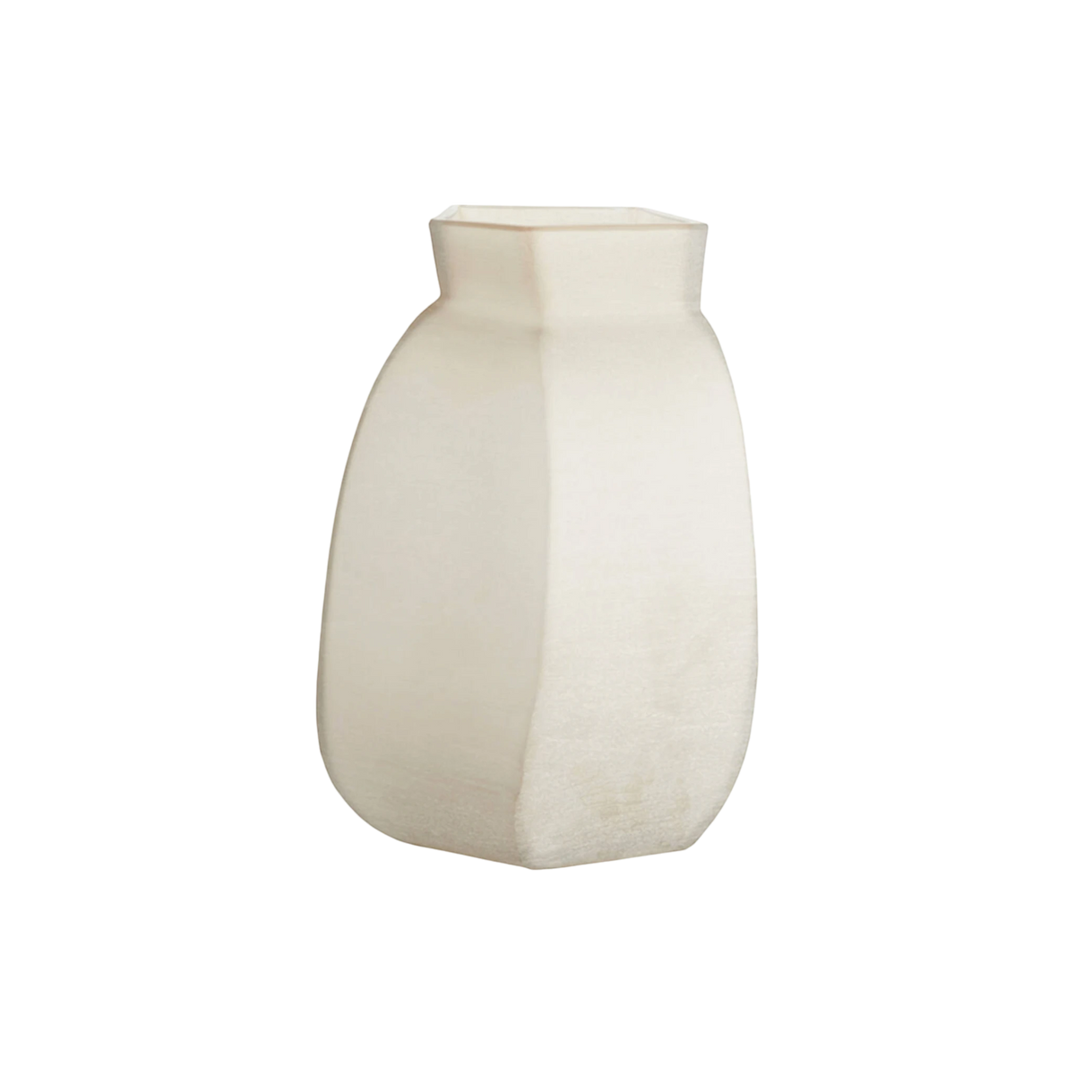 Angled view of the frosted ivory glass vase, with a smooth, powdery surface that curves from a flared pentagonal rim down to a gently squared base.