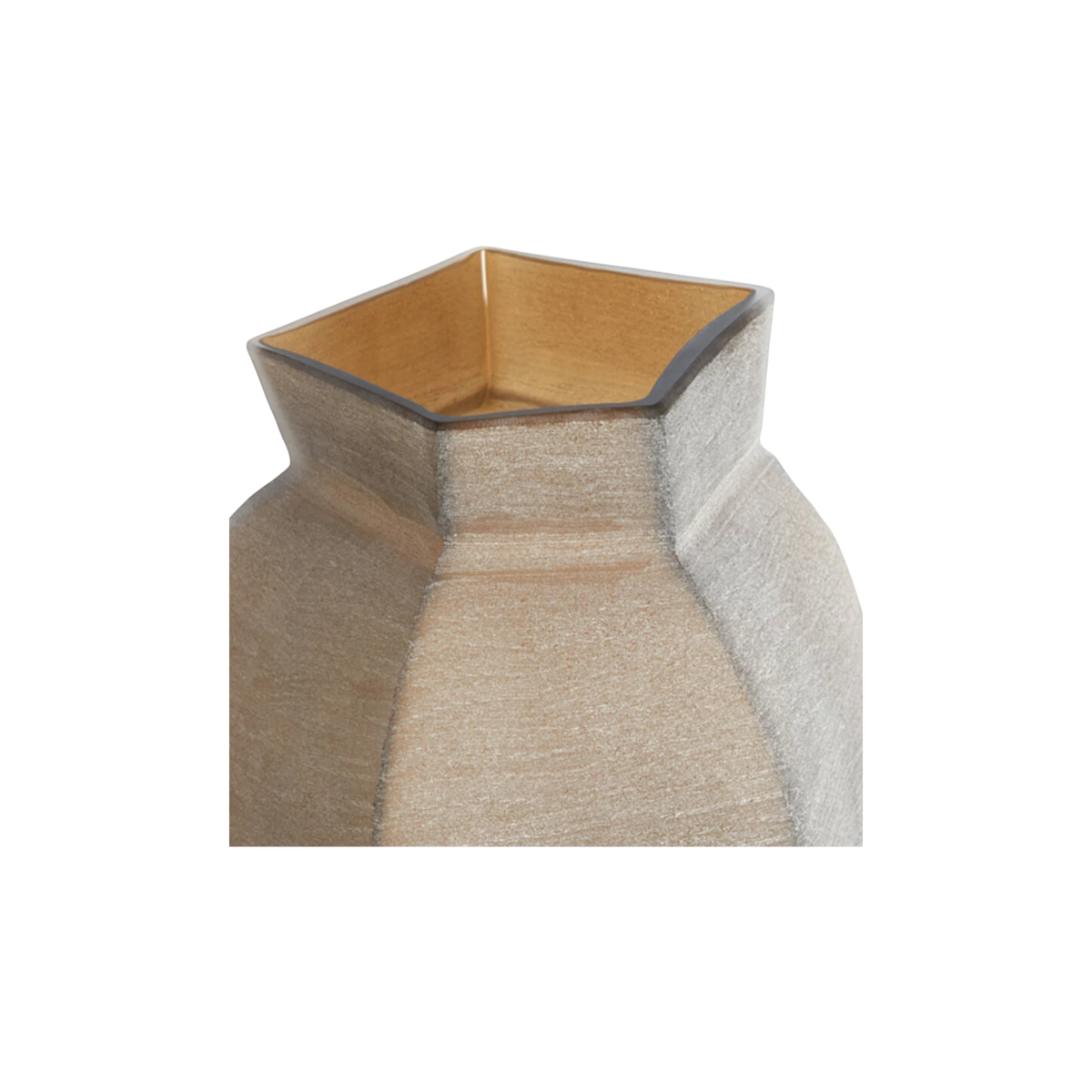 Close-up highlighting the pentagonal rim and pinched neck of the smoked taupe glass vase, with a glossy golden-amber interior and soft grey-taupe facets.