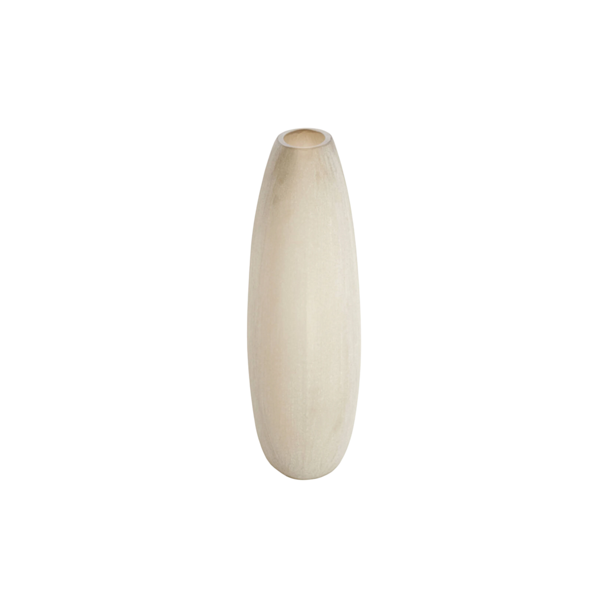 Tall, narrow Globe Glass vase in warm greige etched glass, shown from the front, with a tapered elongated form, a small round opening, and a pale, milky center fading to a deeper taupe at the edges.