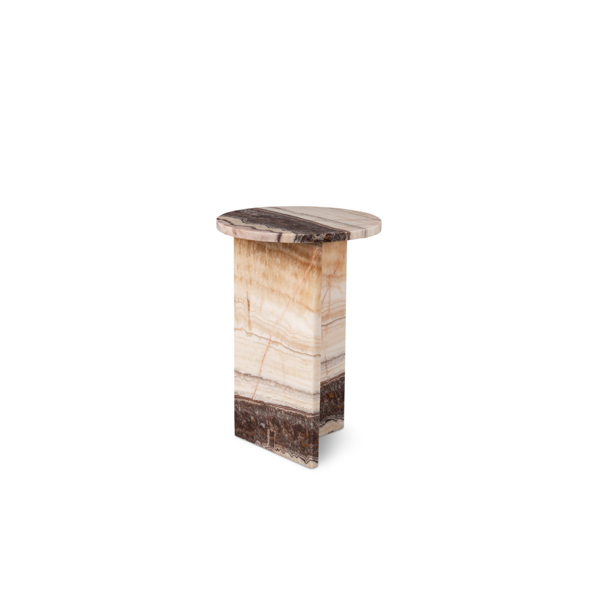 Onyx Side Table shown from the front-right in Pink Serpentine banded stone, with a slim round top and a dark brown band across the intersecting slab base.