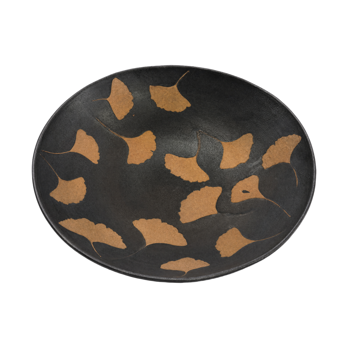Ginko Ceramic Bowl top view in matte black with hand-rendered ochre ginkgo leaves scattered across the wide ceramic interior.