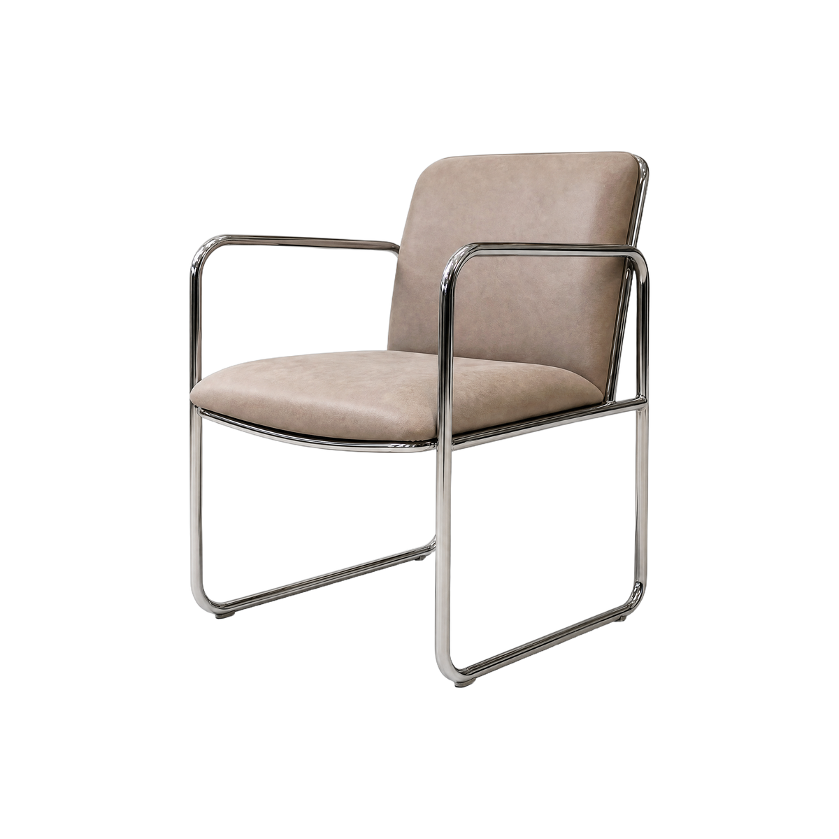A modern armchair with a curved chrome metal frame and beige upholstered seat and back cushions, shown on a plain white background.