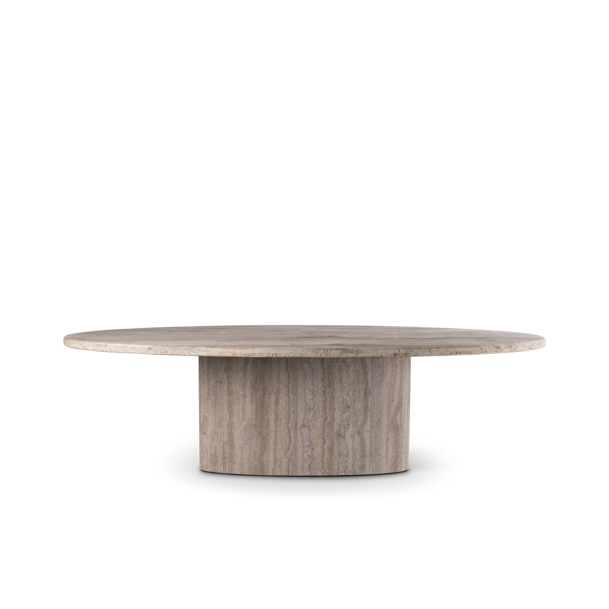 Parker Dining Table shown straight from the front in taupe travertine, with the wide oval top overhanging a centered oval pedestal with wavy vertical banding.