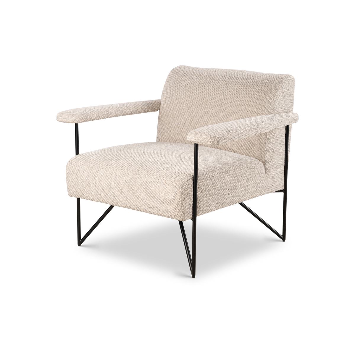Knox Lounge Chair angled from the front in oatmeal fabric, highlighting the wide seat, floating arms, and braced black sled base.