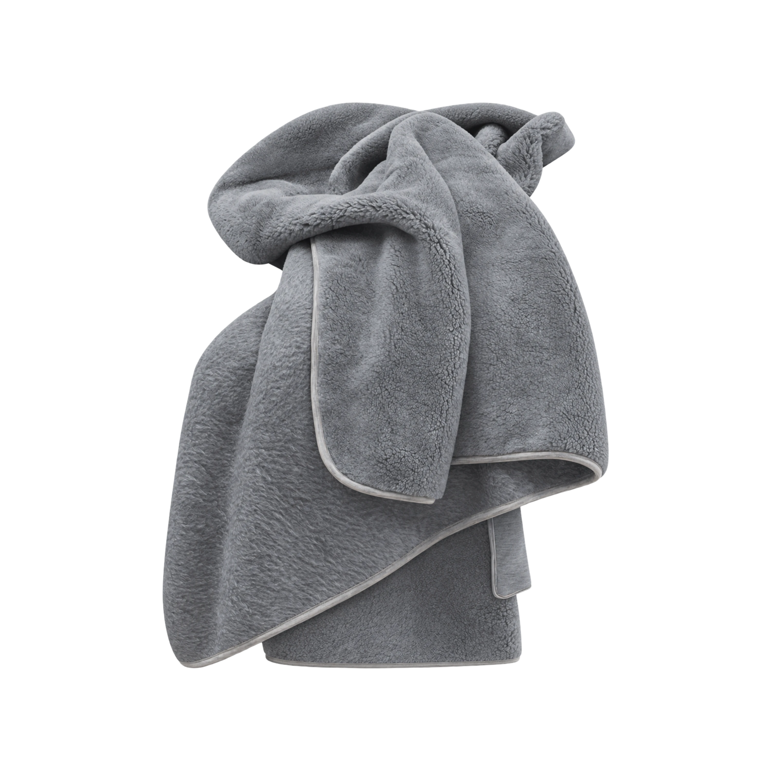 Merino Fleece Throw in Slate gray, loosely draped to show its soft plush texture and piped edge detailing.