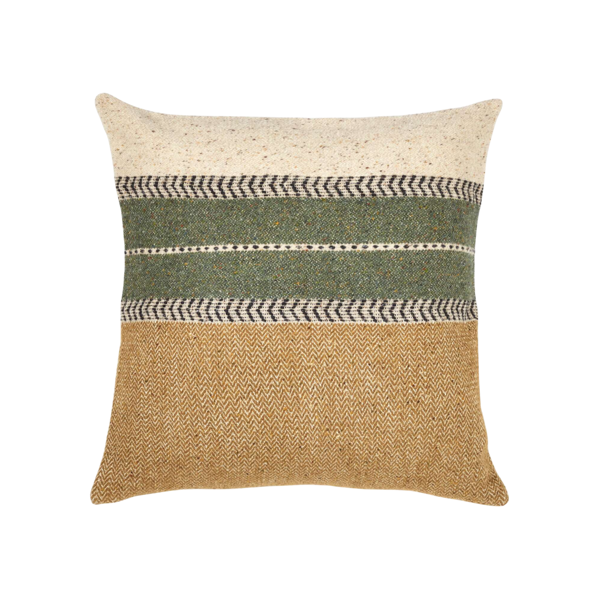 Montana pillow shown from the front in golden ochre and flecked cream wool-and-linen herringbone, with a sage green centre band edged in black chevron trim, a line of white stitching through the band, and softly pointed corners.