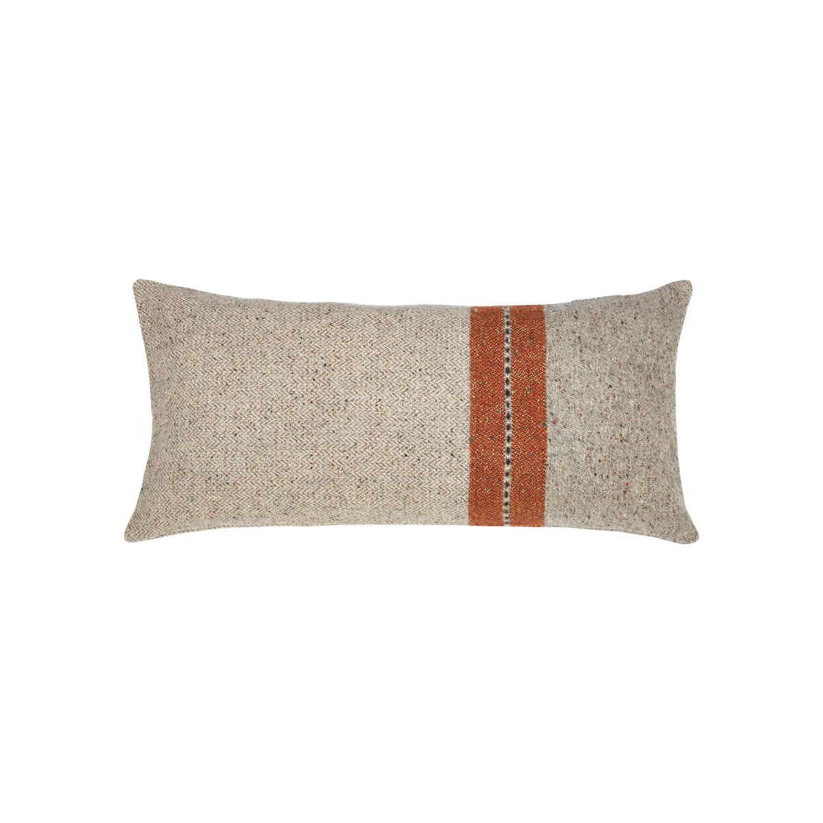 Montana pillow shown from the front in heathered greige wool-and-linen herringbone, with an off-centre rust stripe, a line of dark contrast stitching down its centre, and a flecked, tweedy texture across the face.