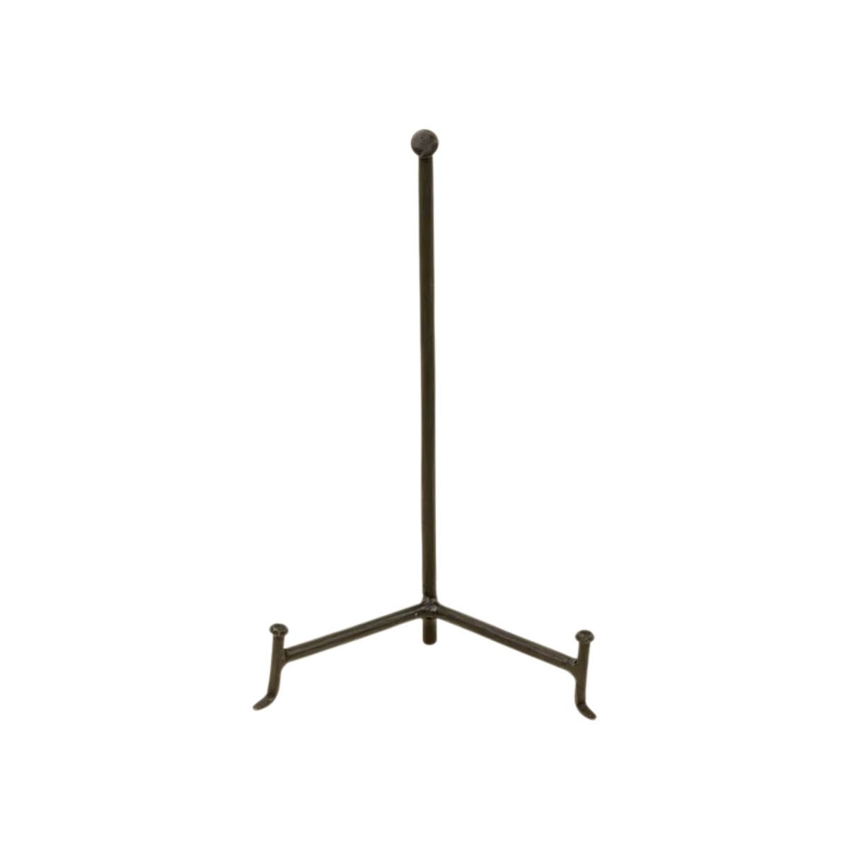 Small Atelier Display Stand in black iron with a slender vertical post, ball finial and open tripod base designed to support a plate, book or framed decorative object.