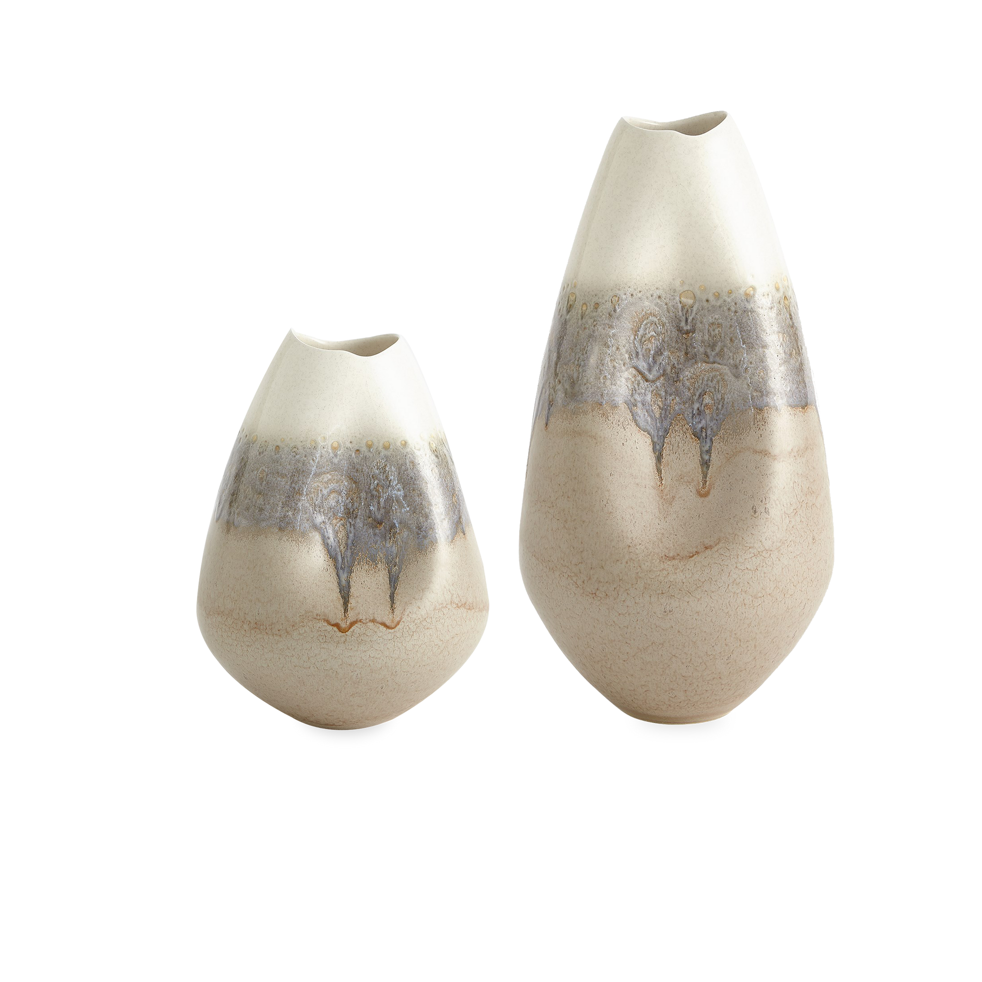 Made of Portuguese slip-cast ceramic, the Opaline Vase has a concave design with ivory and grey reactive glaze finishes.