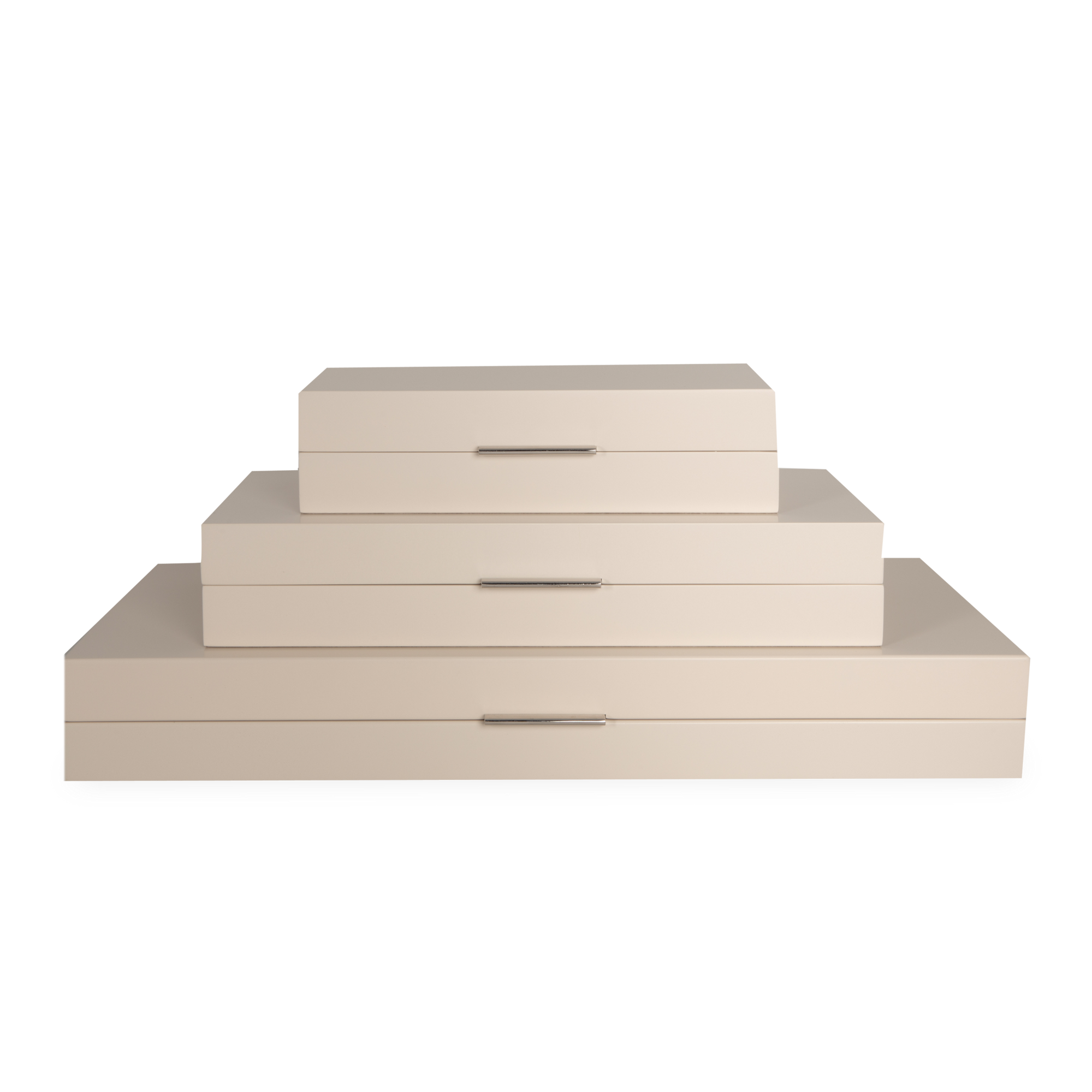 This modern organizer features a luxurious ivory lacquer finish and polished nickel handle for a sophisticated look.