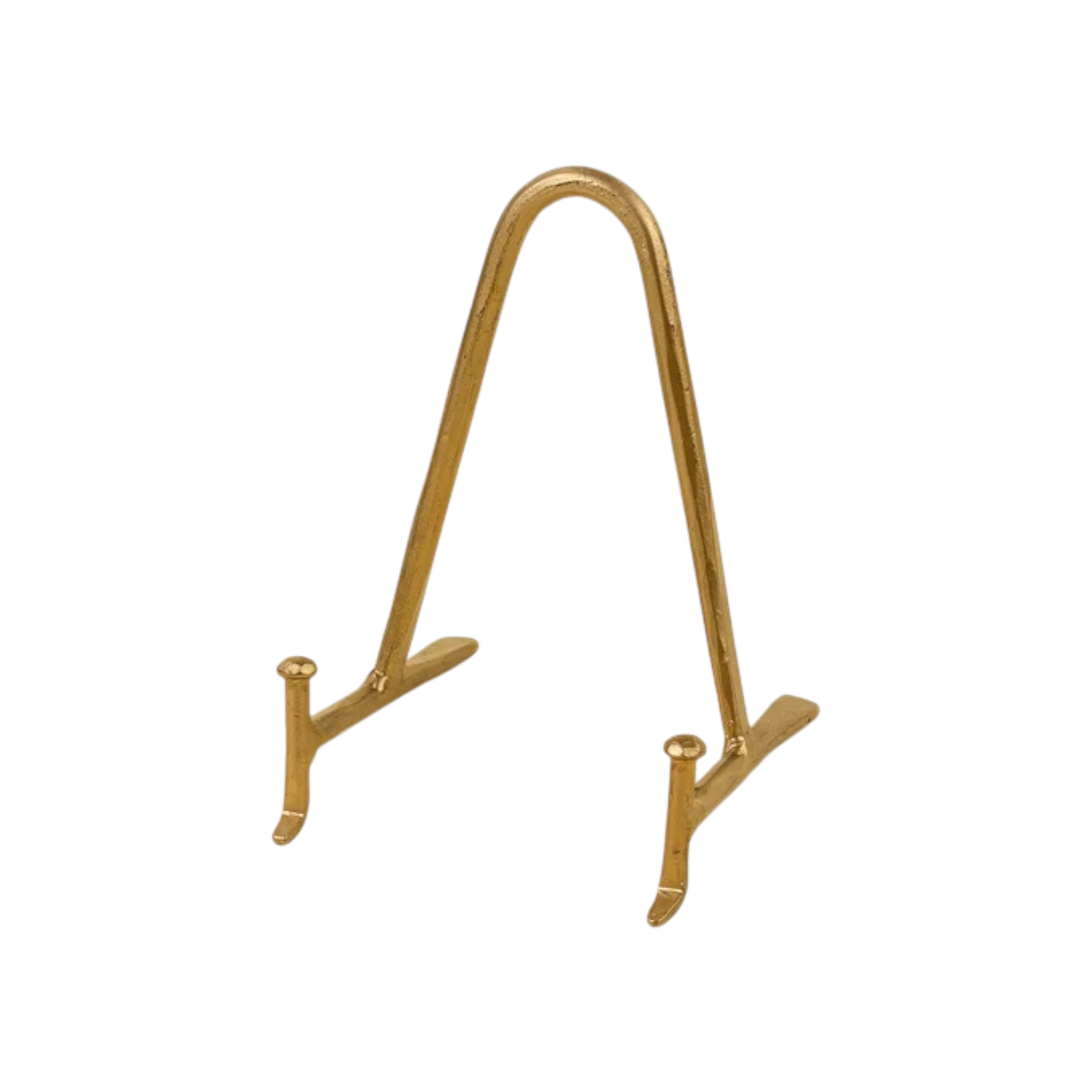 Arc Display Stand in gold-tone brass with a rounded arch frame, slim supports and splayed feet designed to hold a plate, book or framed decorative object.