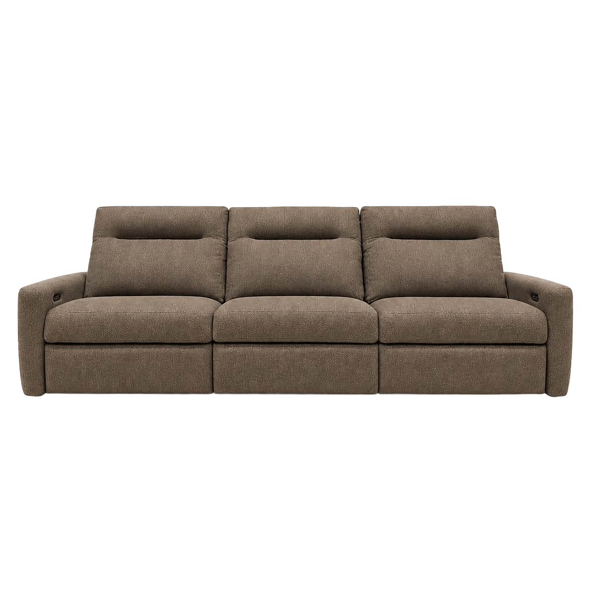 Keystone Reclining Sofa in heathered taupe-brown, front view showing the plush cushioning, softly rounded arms, and tailored silhouette.