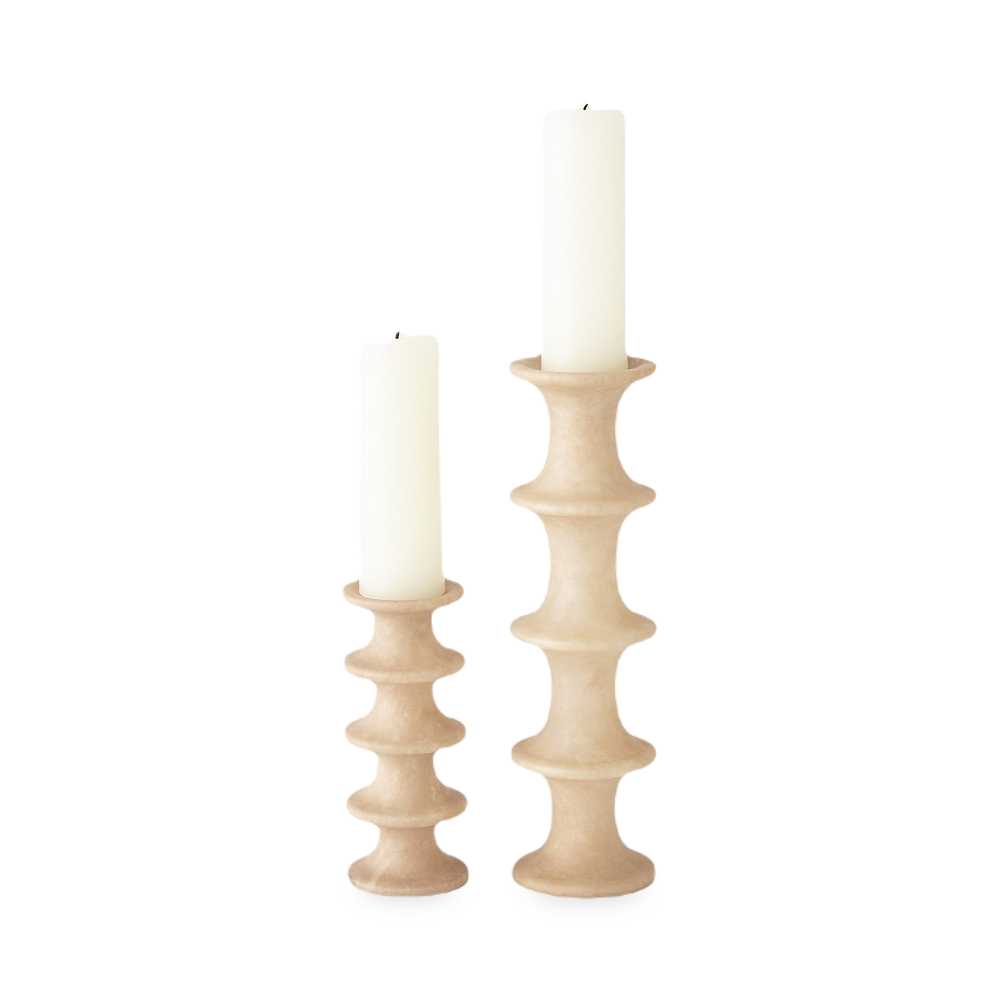 Horizontal fluting compliments the solid alabaster of the Ridge Candleholder.