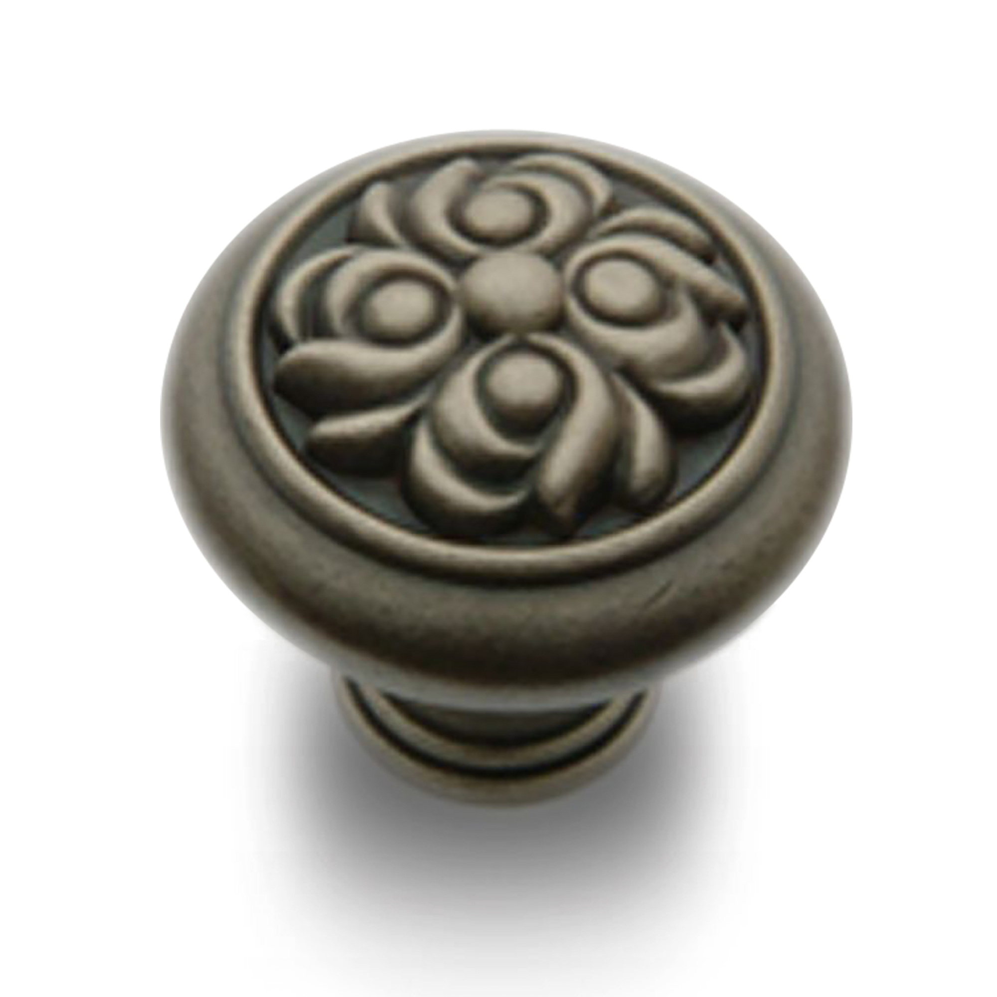 A traditional round knob with an engraved face.