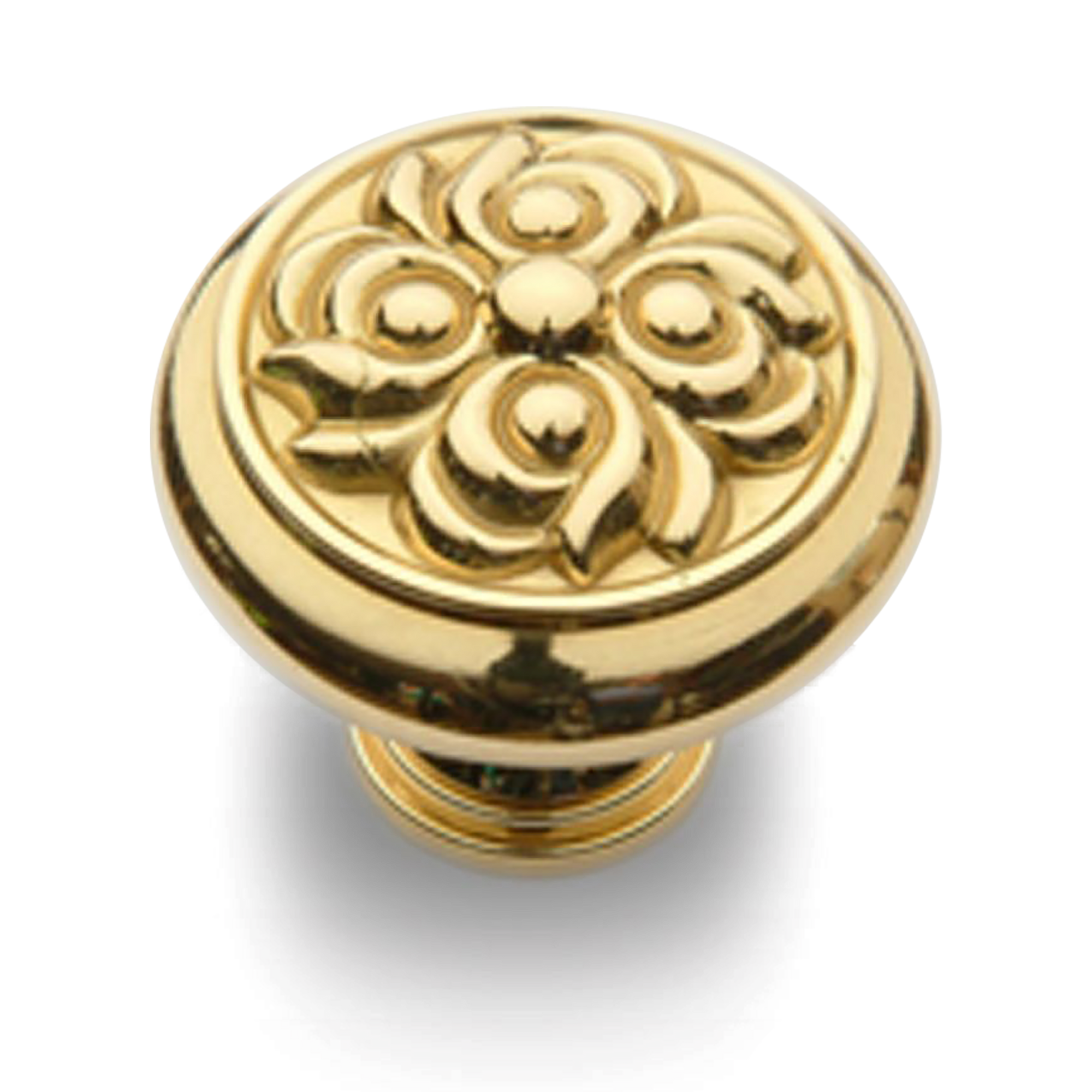 A traditional round knob with an engraved face.