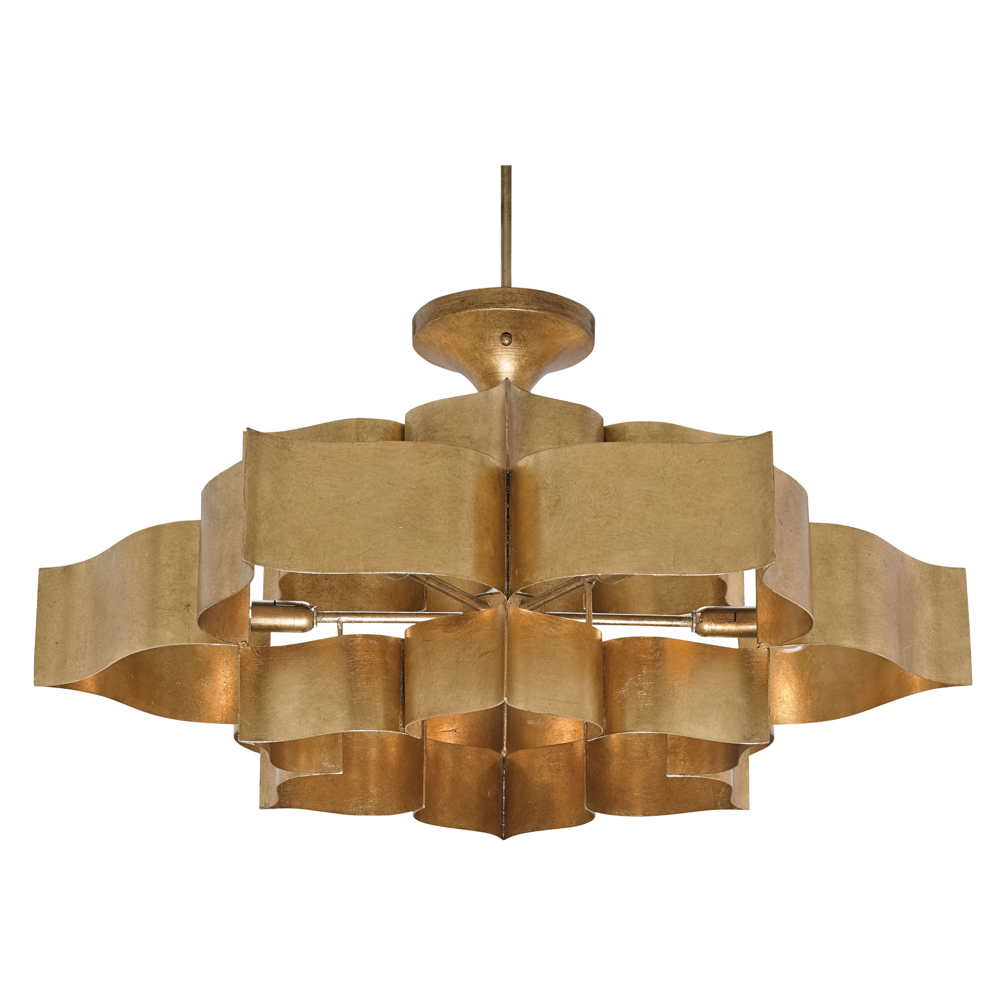 Stunning workmanship is highlighted in the form of the Lotus Blossom Chandelier, which is made from wrought iron and sheet metal and then skillfully finished in antique gold leaf.