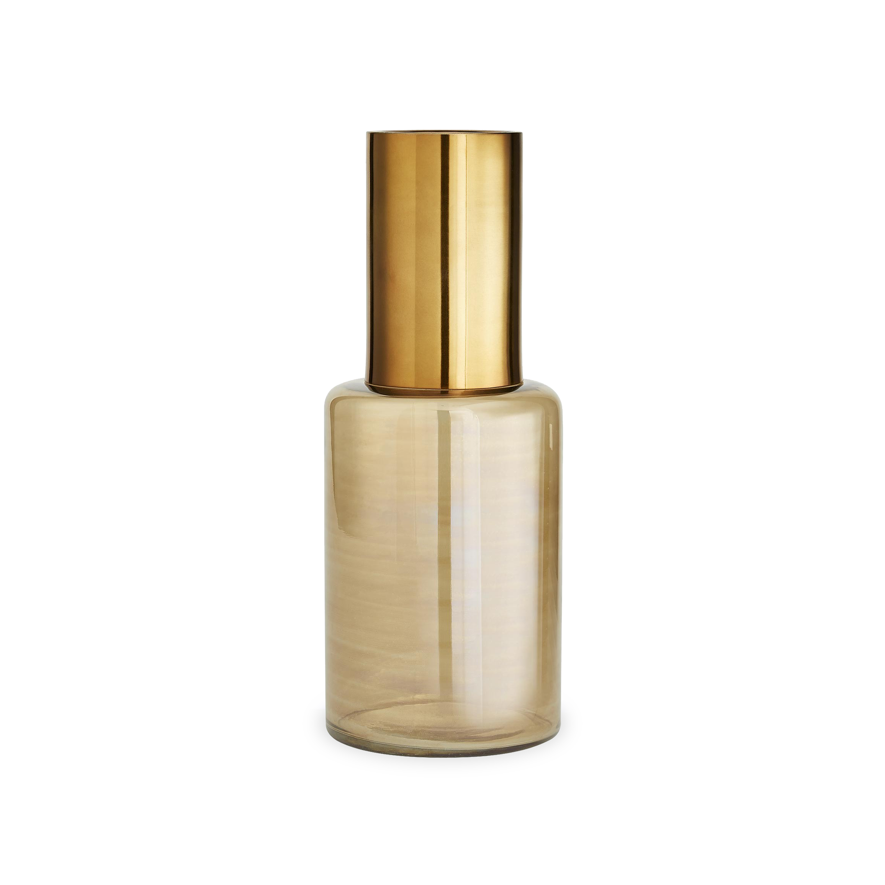 Modern in form, smoke luster glass with antique brass necks unite to create each individually shaped piece.