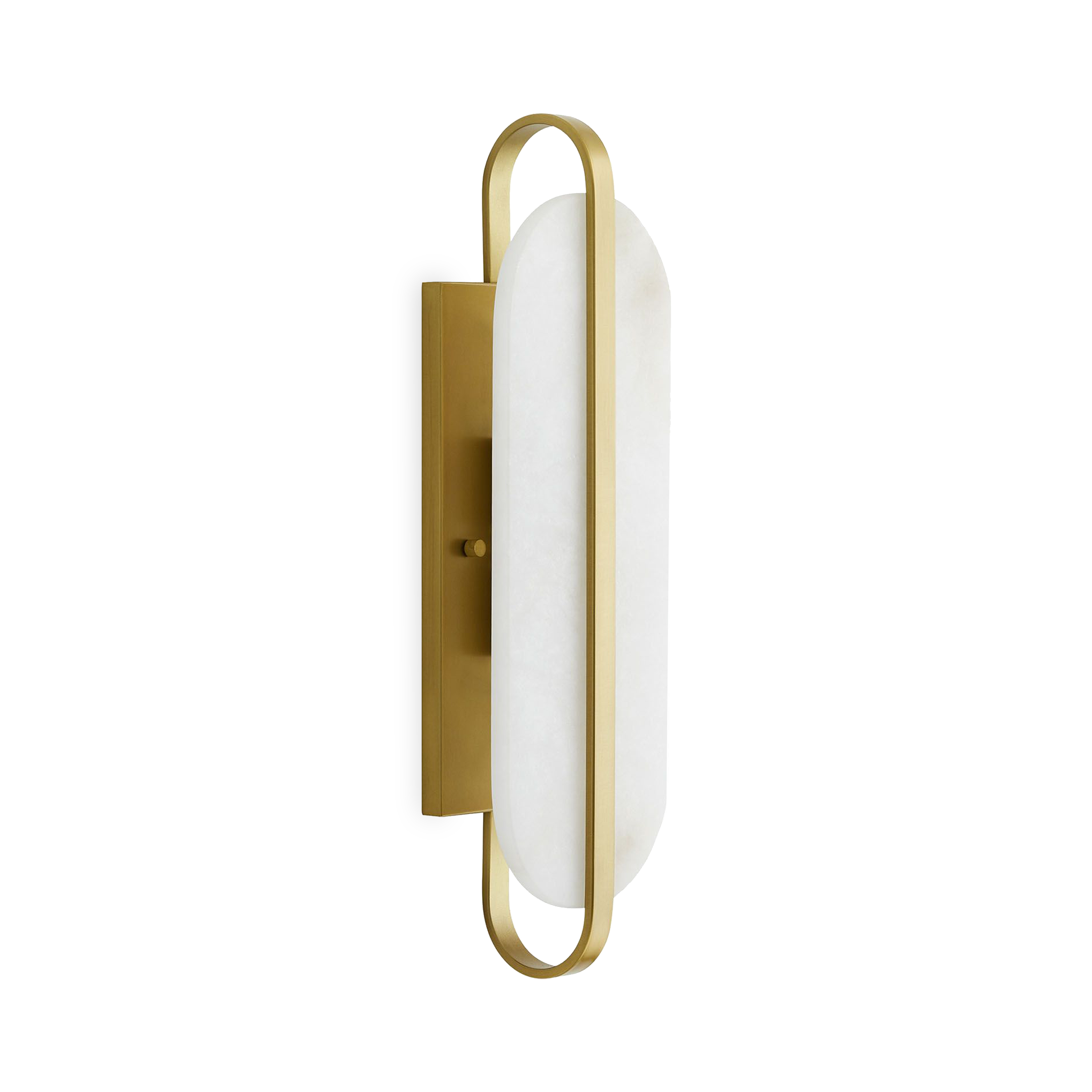 The Julius is a classically-modern design showcasing a capsule-shaped white alabaster foundation, met with an antique brass steel bracket perfectly centered.