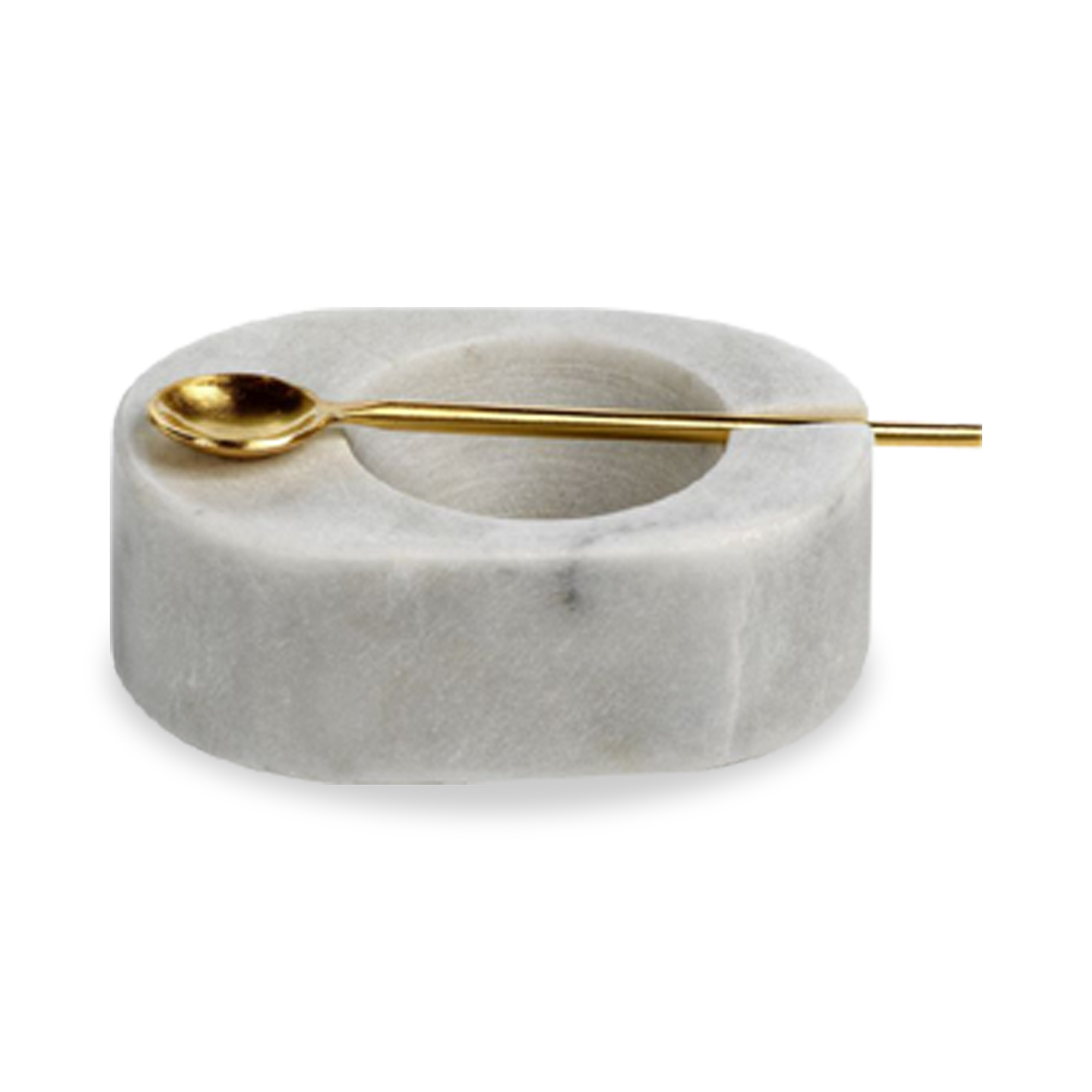 Salt cellar made of white marble with a gold coloured spoon.