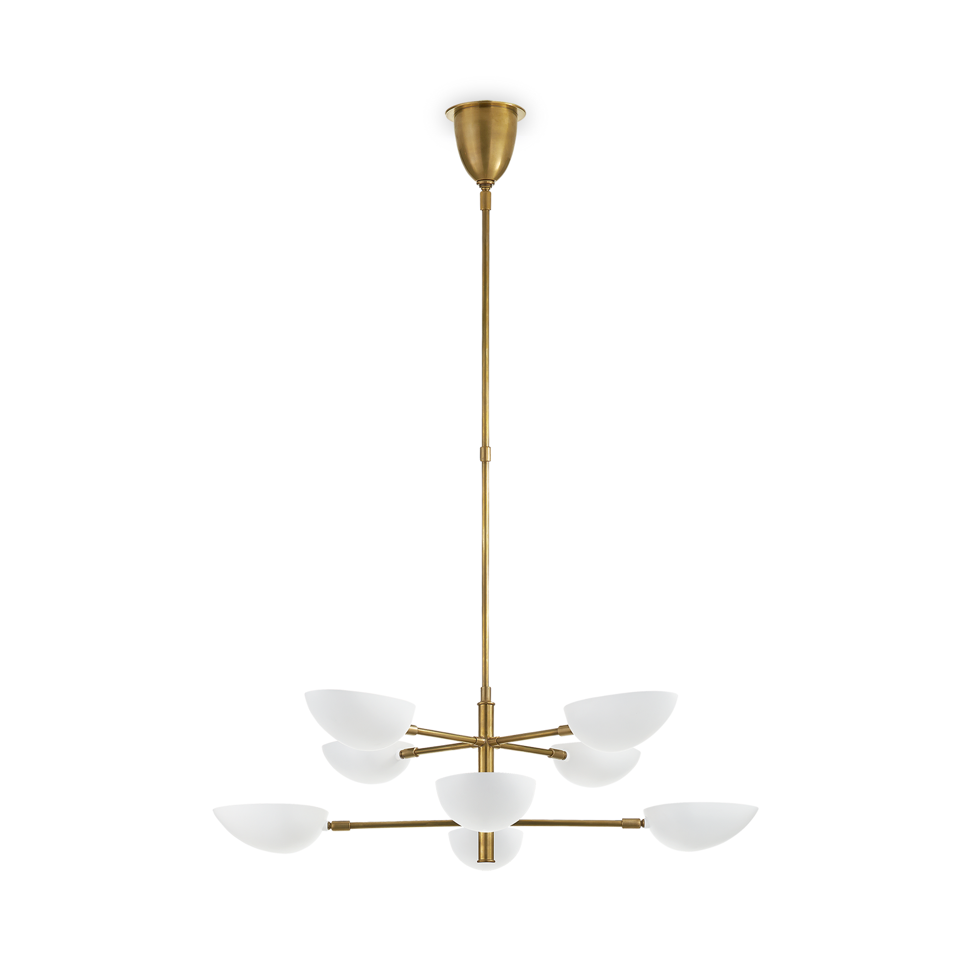 Two tiers of matte white shades project from a hand-rubbed antique brass frame, forming this modern elegant chandelier.