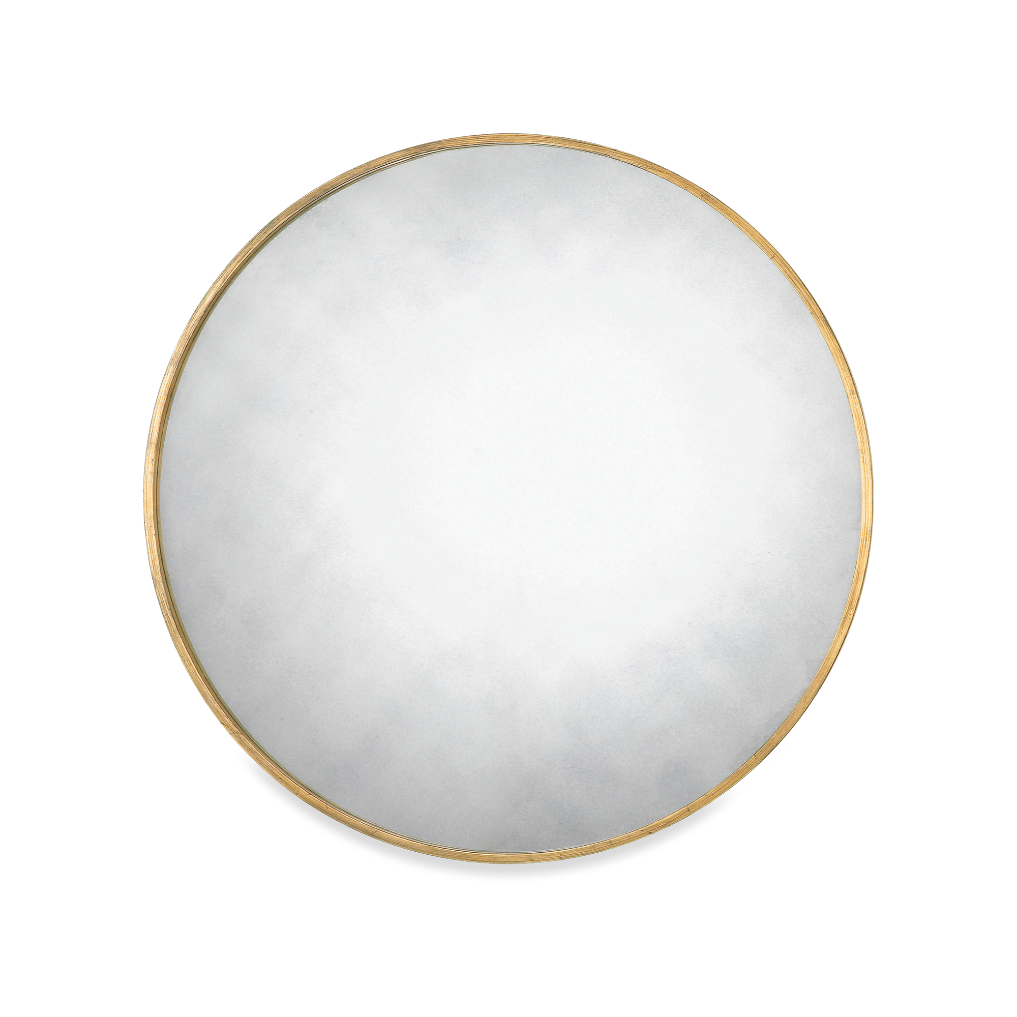 The Antiqued Round Wall Mirror features a narrow and sophisticated circular metal frame with a heavily antiqued gold leaf finish surrounds the antique style mirror.