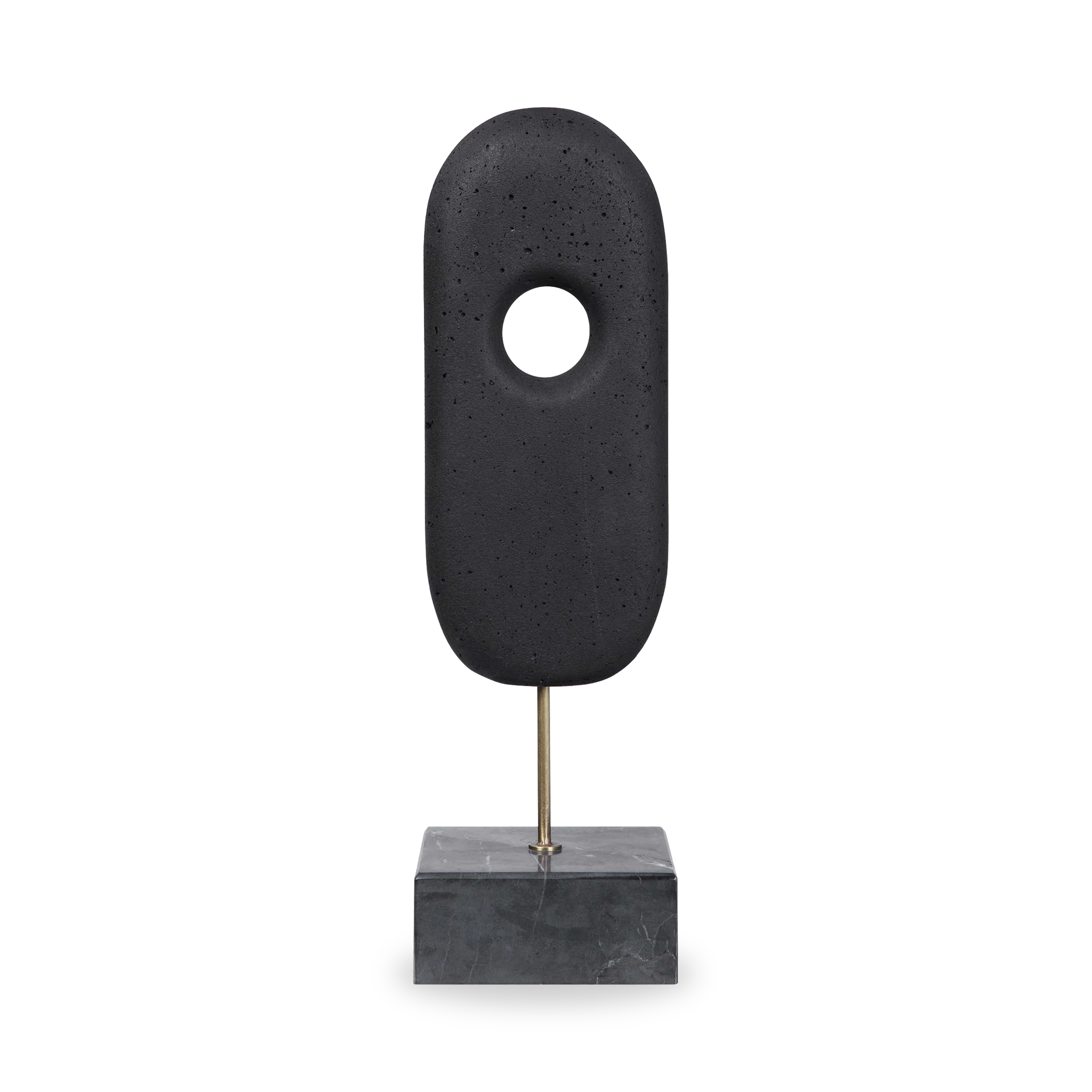 The monolithium shape is executed in ground black marble and polymers with a honed black marble base and brass pegs.