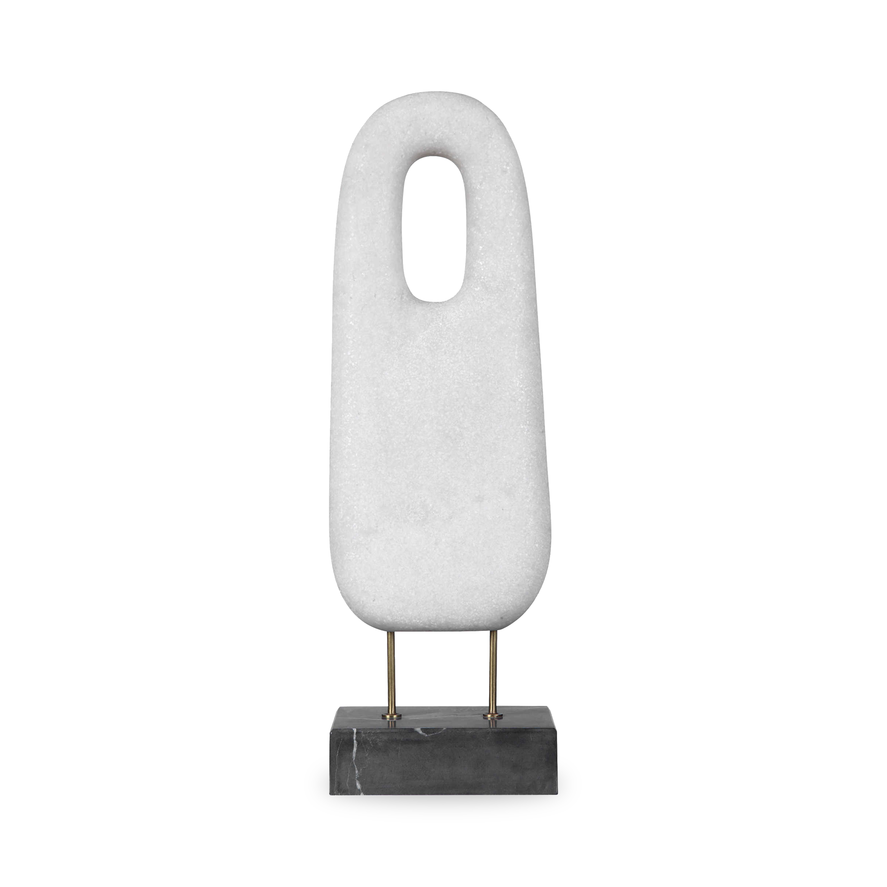 The monolithium shape is executed in marble that accurately replicates the look of Thassos marble with a honed black marble base and brass pegs.