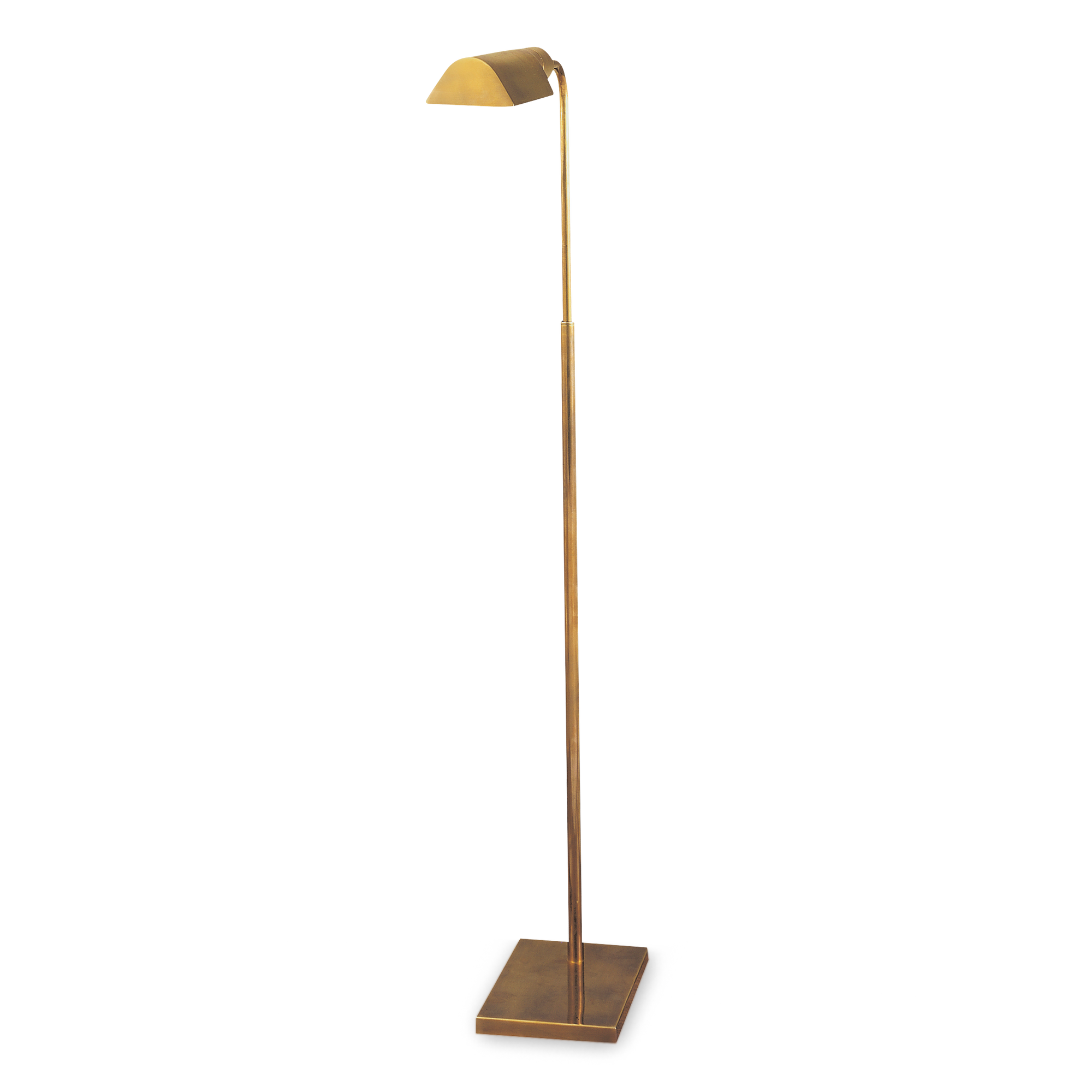 Adjustable hand-rubbed antique brass floor lamp with a sleek contemporary form.