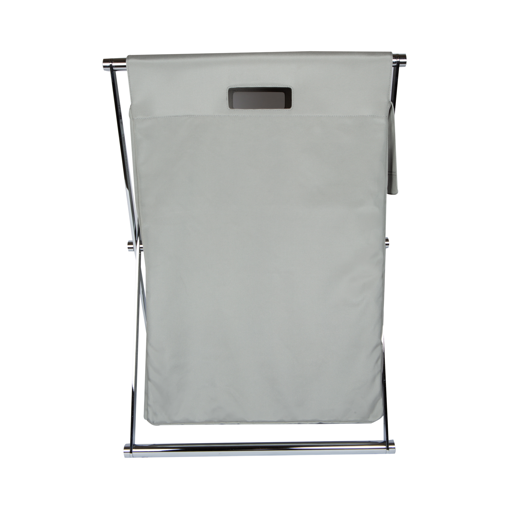 The Cross Laundry Basket features a chrome frame with nylon laundry bag.