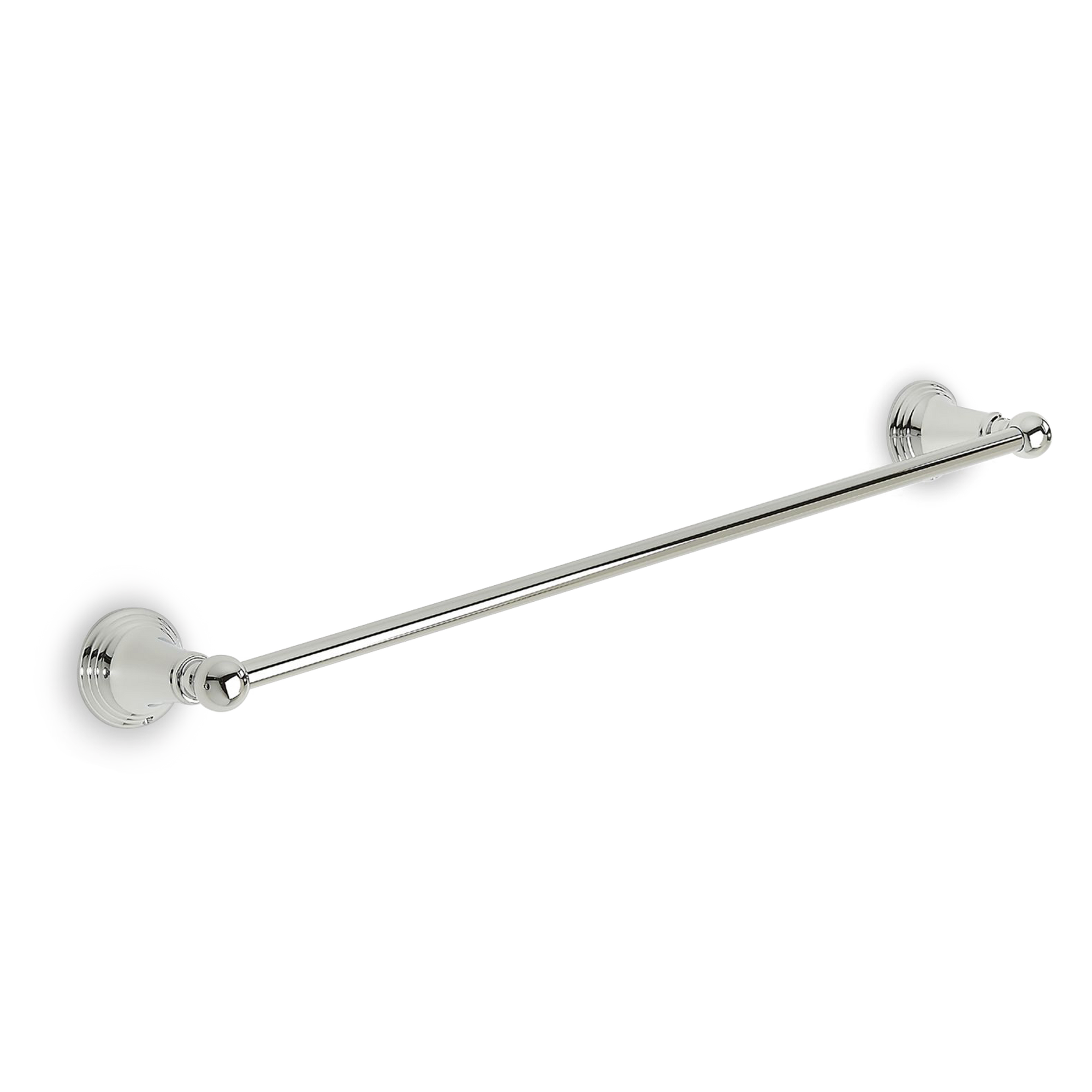 A beautiful, transitional, towel bar with ridged patterns at its bases.