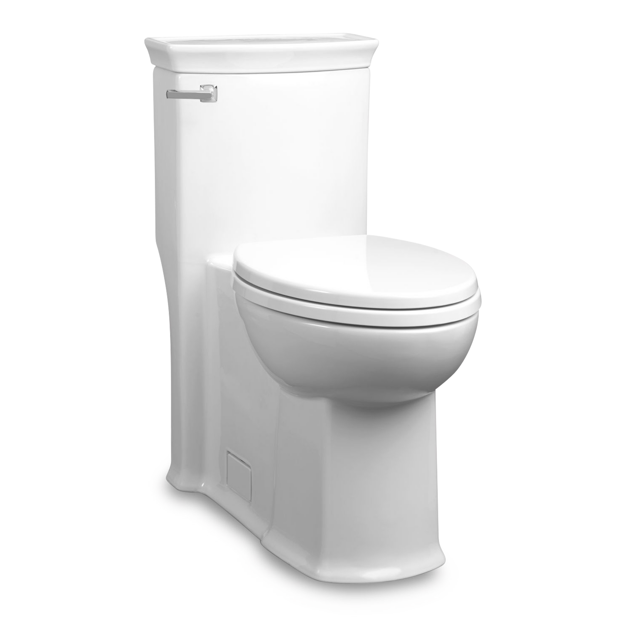 A transitional style one-piece toilet with Slow Close seat.