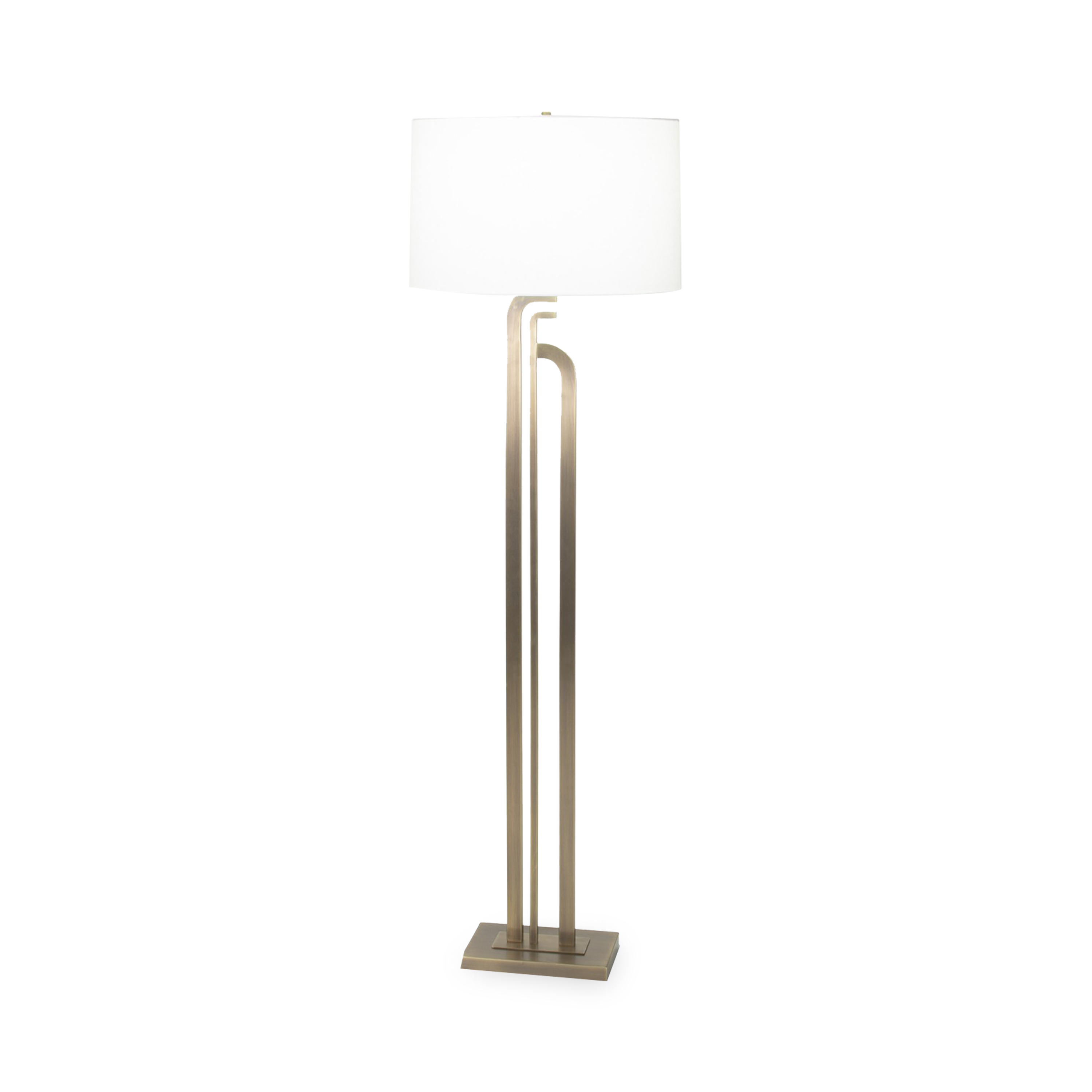 Long asymmetrical metal bands finished in antique brass lend a modern interpretation of Art Deco to the Draper floor lamp with their curved geometric forms.