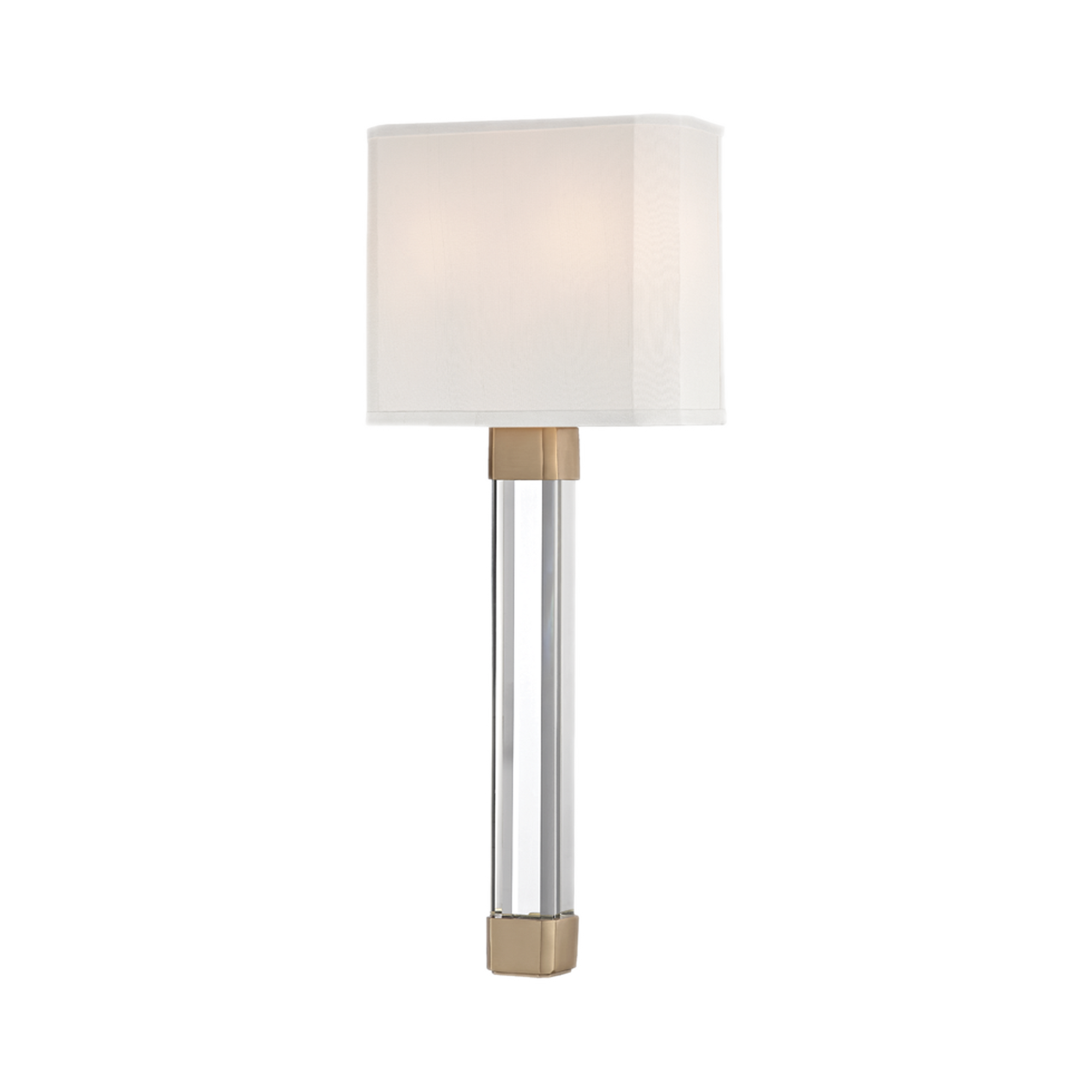 A long and thick arm of faceted crystal supports the shade-covered bulb in our Larissa family.
