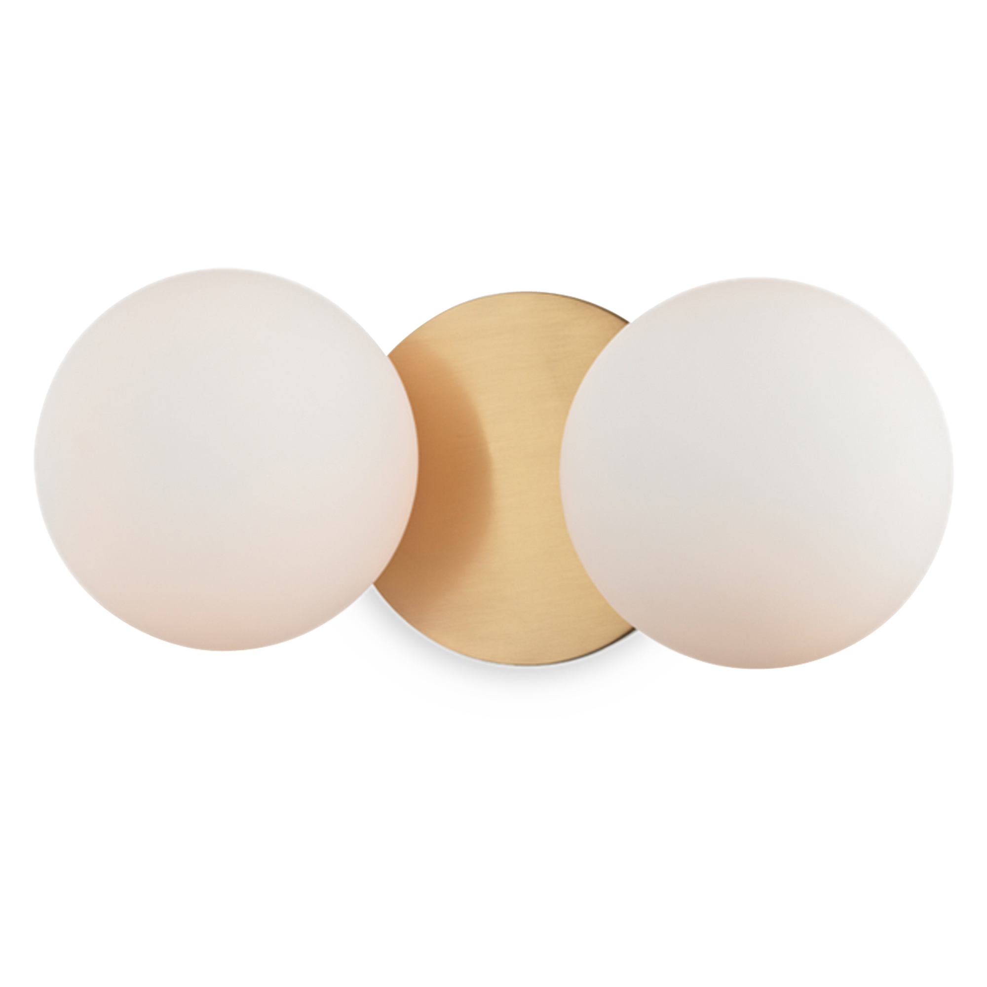 Mouth-blown spheres soften the light and attach to a thickly circular backplate finished in aged brass.