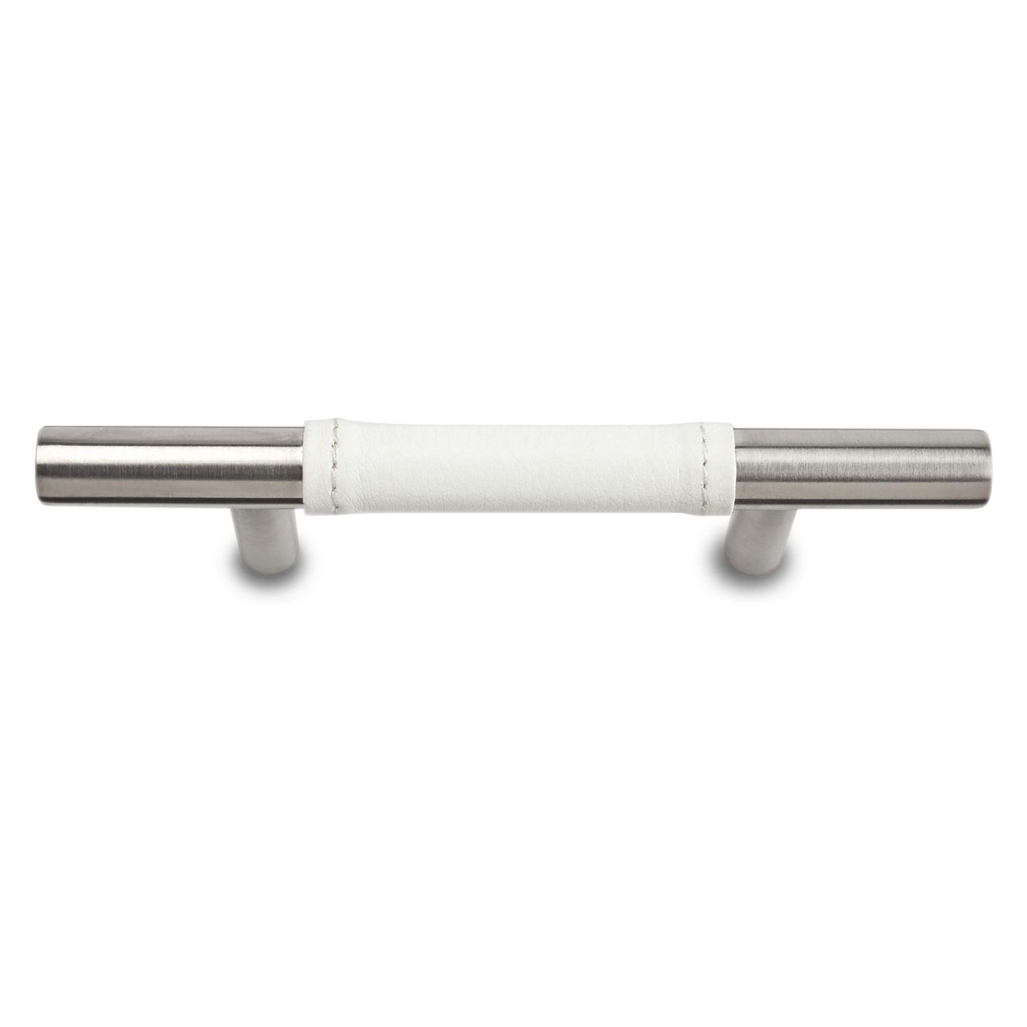 A modern pull with a white leather wrapped bar.