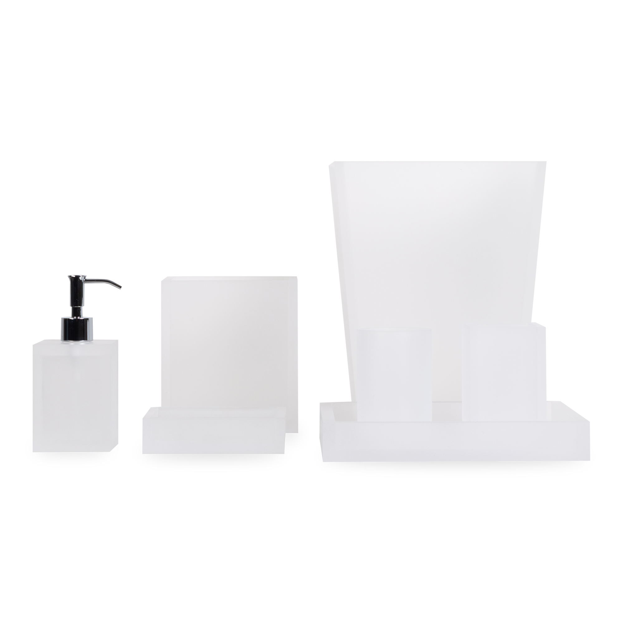 Bringing elegance to your bathroom countertop, the Frosted Lucite Collection features a translucent sandblasted frosted finish with soft rounded corners.