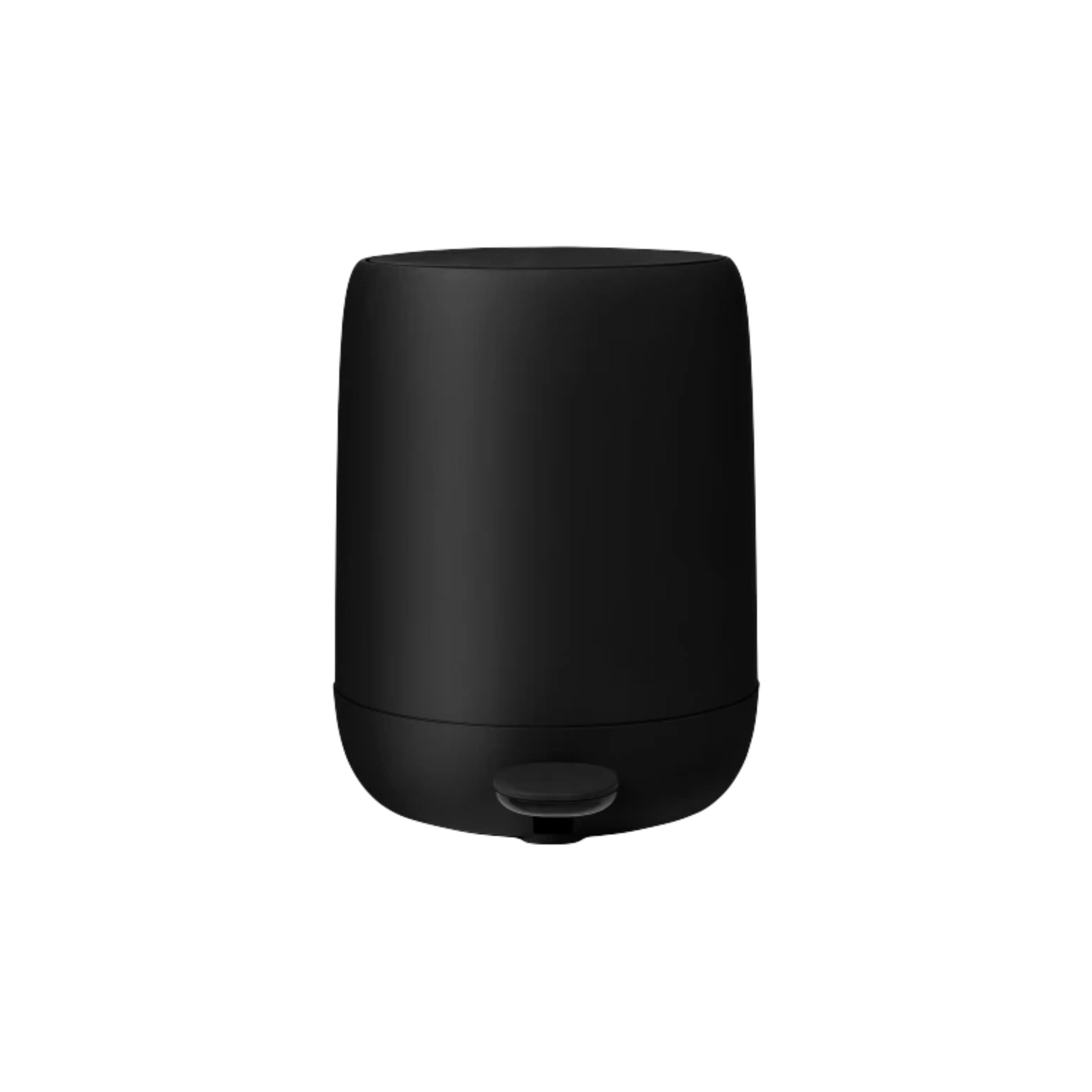 Pedal waste bin matte black cylindrical foot pedal trash can with a smooth, matte finish and a small circular pedal at the base.