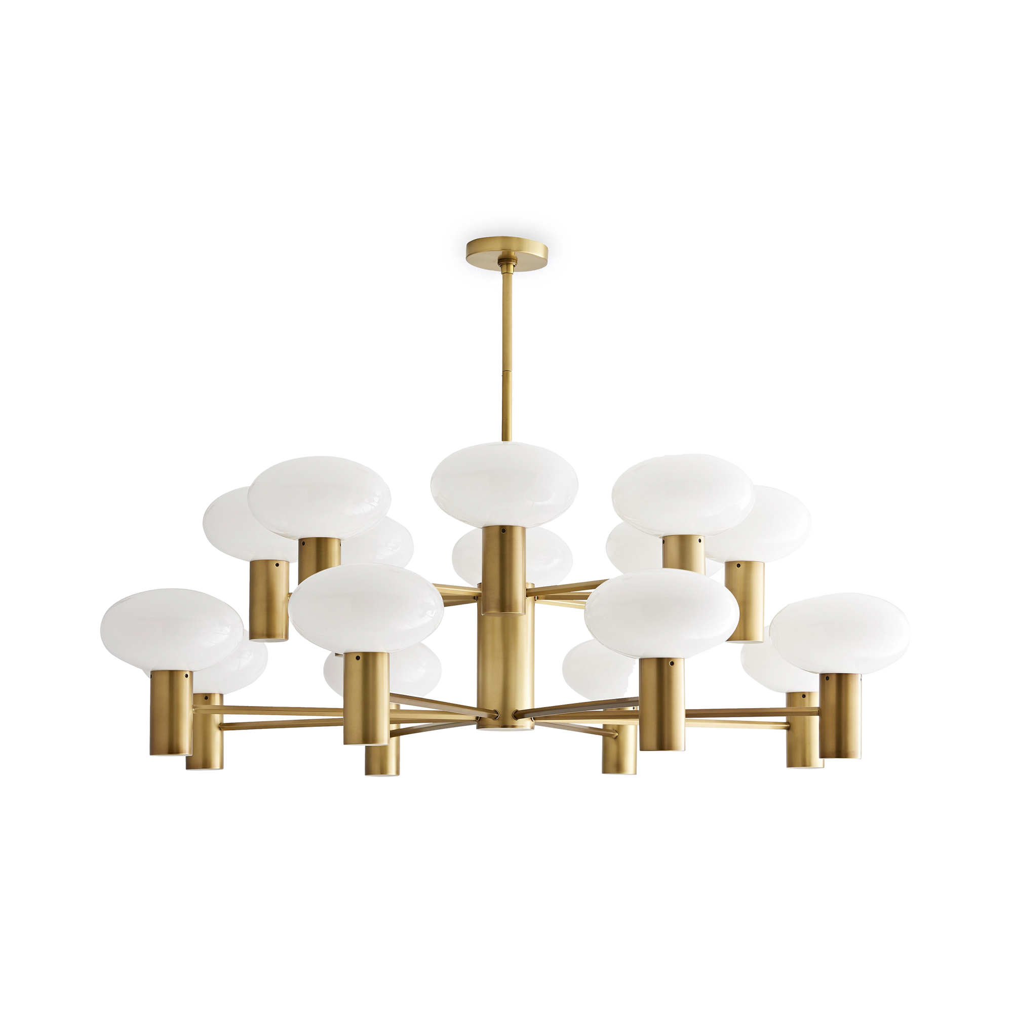 Finished in antique brass, the cylindrical center features several slender arms that spider out in a diamond-like formation to showcase sixteen mushroom-shaped opal glass globes.