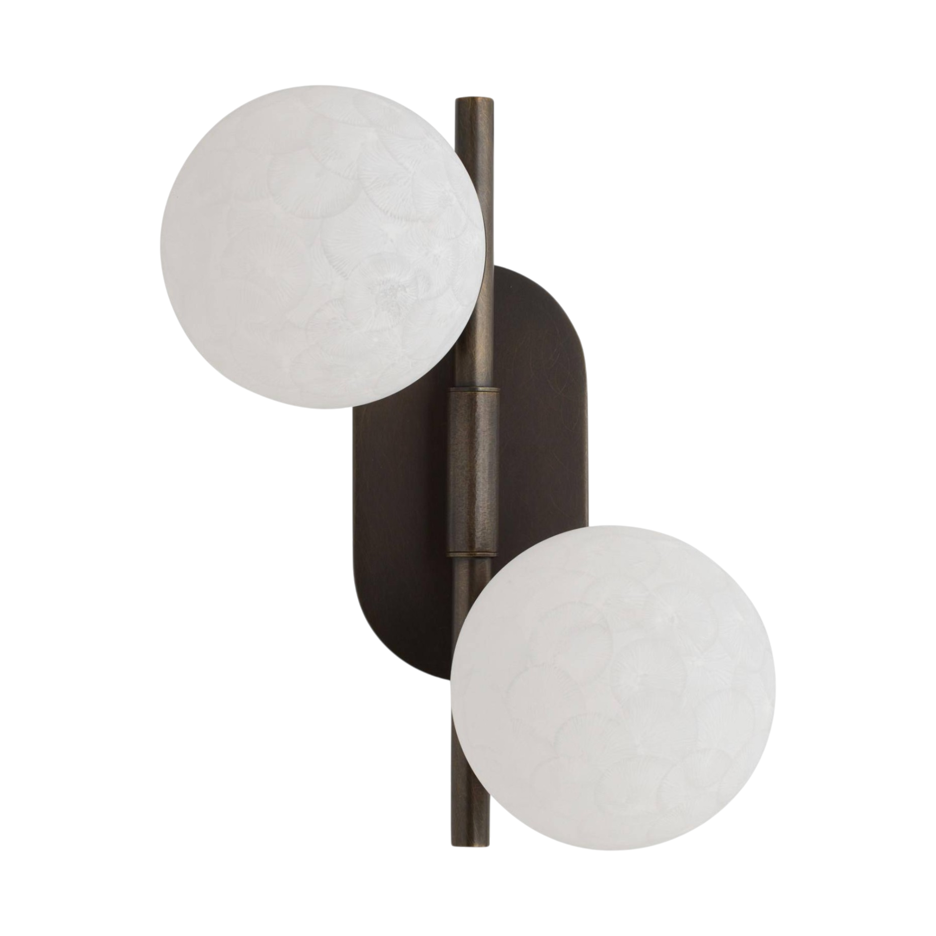 Julie Wall Sconce in bronze, featuring two softly patterned white glass globes arranged diagonally along a slender vertical stem with an oval backplate.