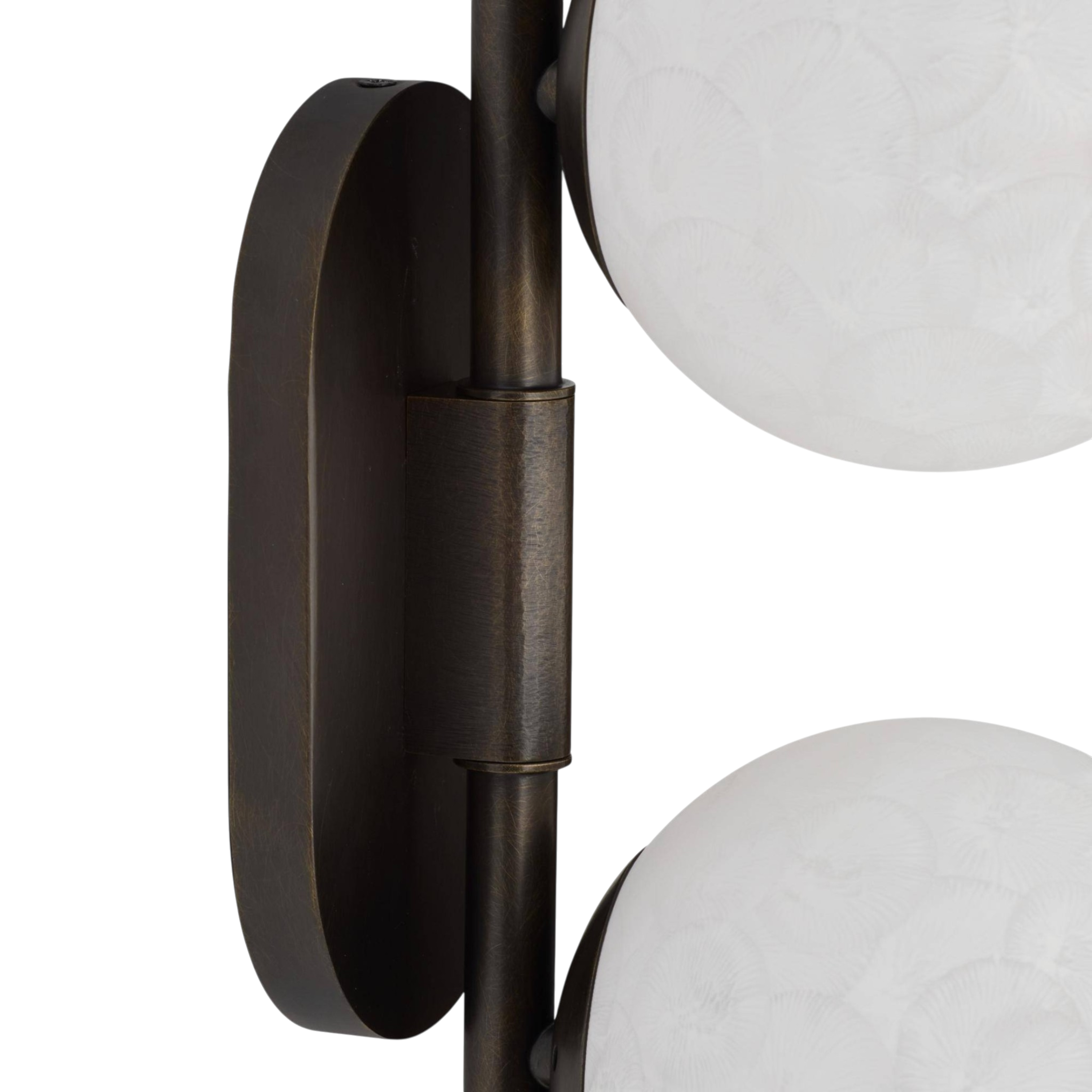 Close-up of the Julie Wall Sconce, highlighting the English bronze finish, rounded backplate, cylindrical stem detail and textured white glass globes.