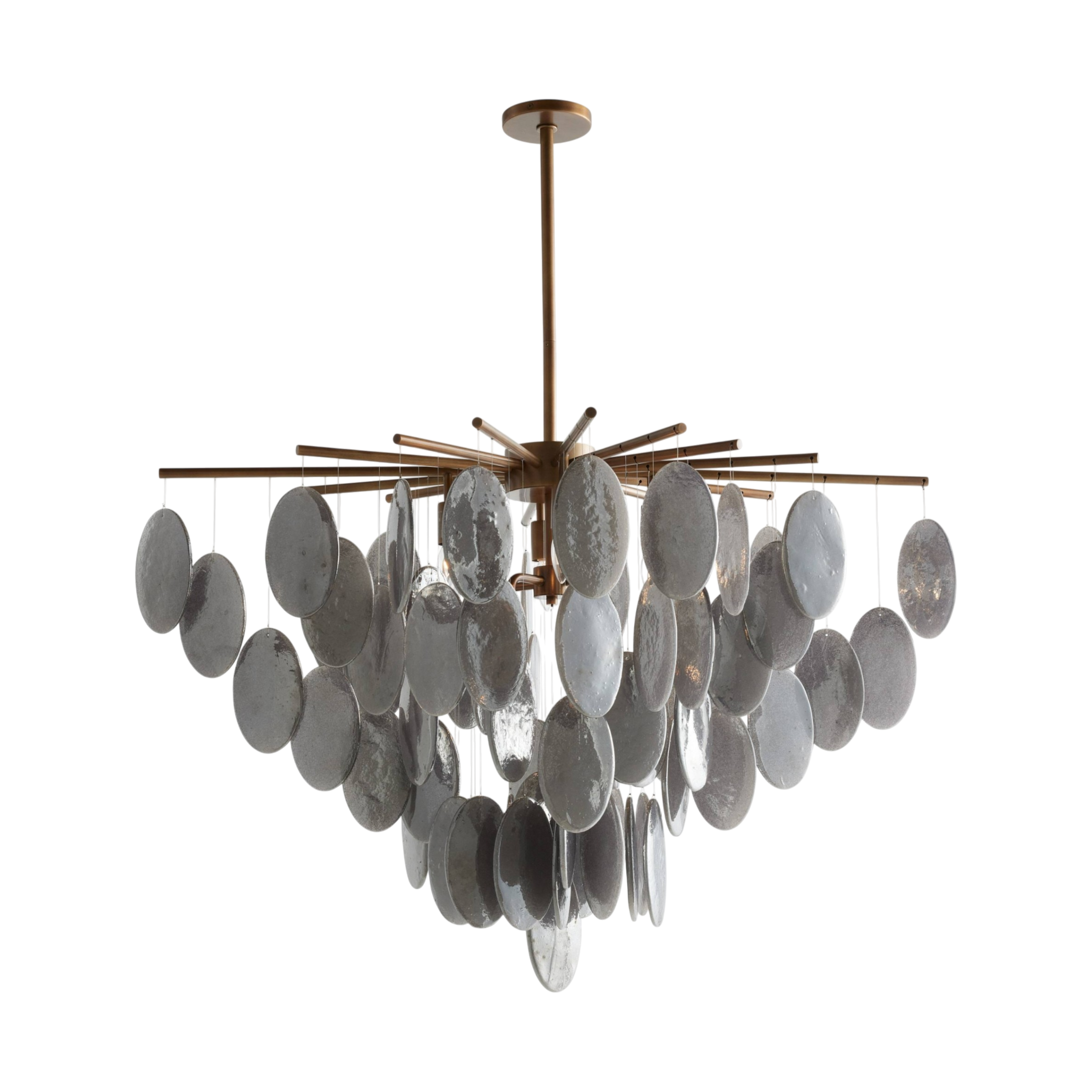 Tiffany Chandelier in antique brass, featuring a branching frame draped with cascading oval glass discs in a layered, sculptural arrangement.