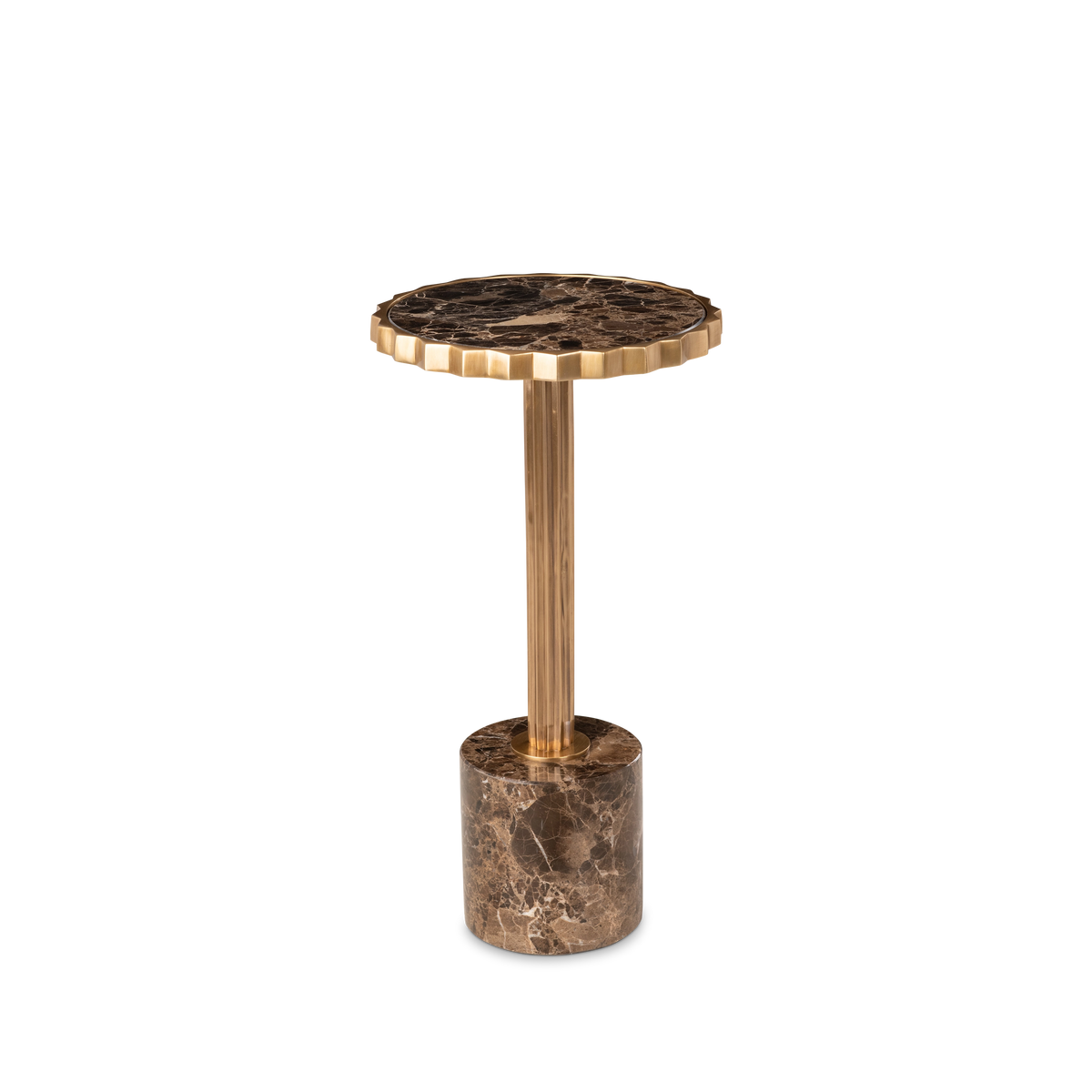 Front view of the Mabel Pull Up Table in dark brown marble, showing the slim fluted column between the scalloped top and the weighty round base.